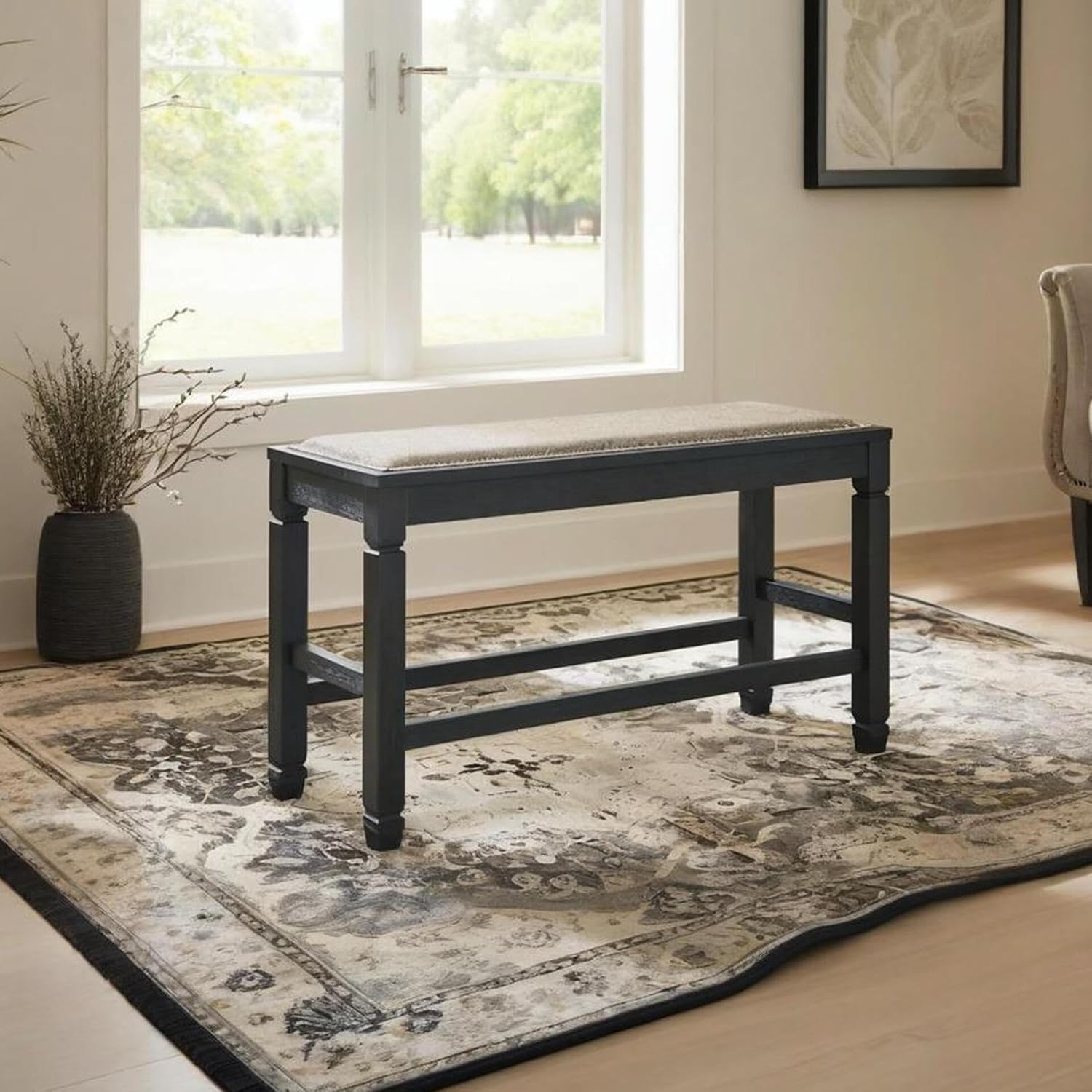 Signature Design by Ashley Tyler Creek Urban Farmhouse Counter Height Upholstered Dining Bench, Almost Black