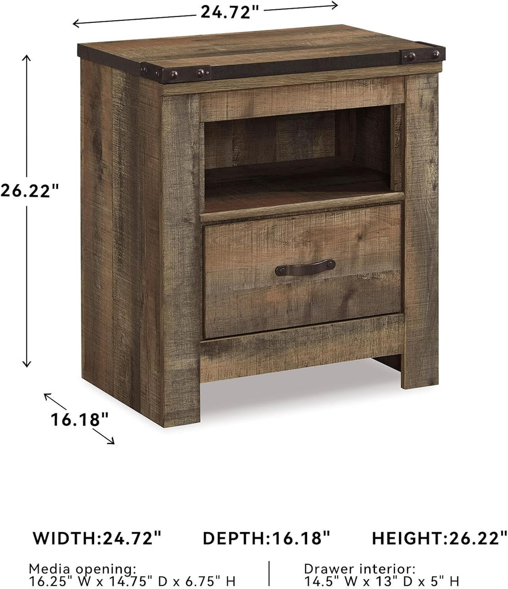 Signature Design by Ashley Trinell Rustic 1 Drawer Nightstand, USB Charing, Storage Cubby, Nailhead Accents, Wood, 24.72" W x 16.18" D x 26.22" H, Warm Brown