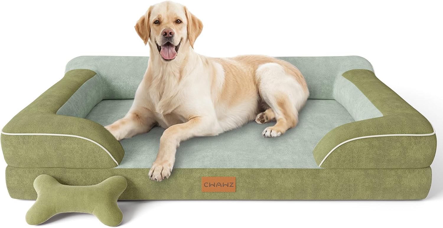 CWAWZ Extra Large Dog Bed, Orthopedic Dog Bed with Cooling Gel Memory Foam, Waterproof XL Pet Bed with Removable Washable Cover, 42" Pet Sofa Couch Dutch Velvet with Bone Toy, Light Gray