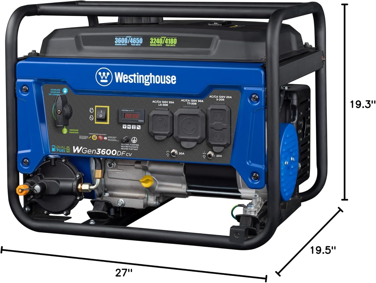 Westinghouse 4650 Peak Watt Dual Fuel Portable Generator, RV Ready 30A Outlet, Gas & Propane Powered, CO Sensor