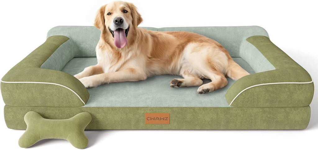 CWAWZ Extra Large Dog Bed, Orthopedic Dog Bed with Cooling Gel Memory Foam, Waterproof XL Pet Bed with Removable Washable Cover, 42" Pet Sofa Couch Dutch Velvet with Bone Toy, Light Gray