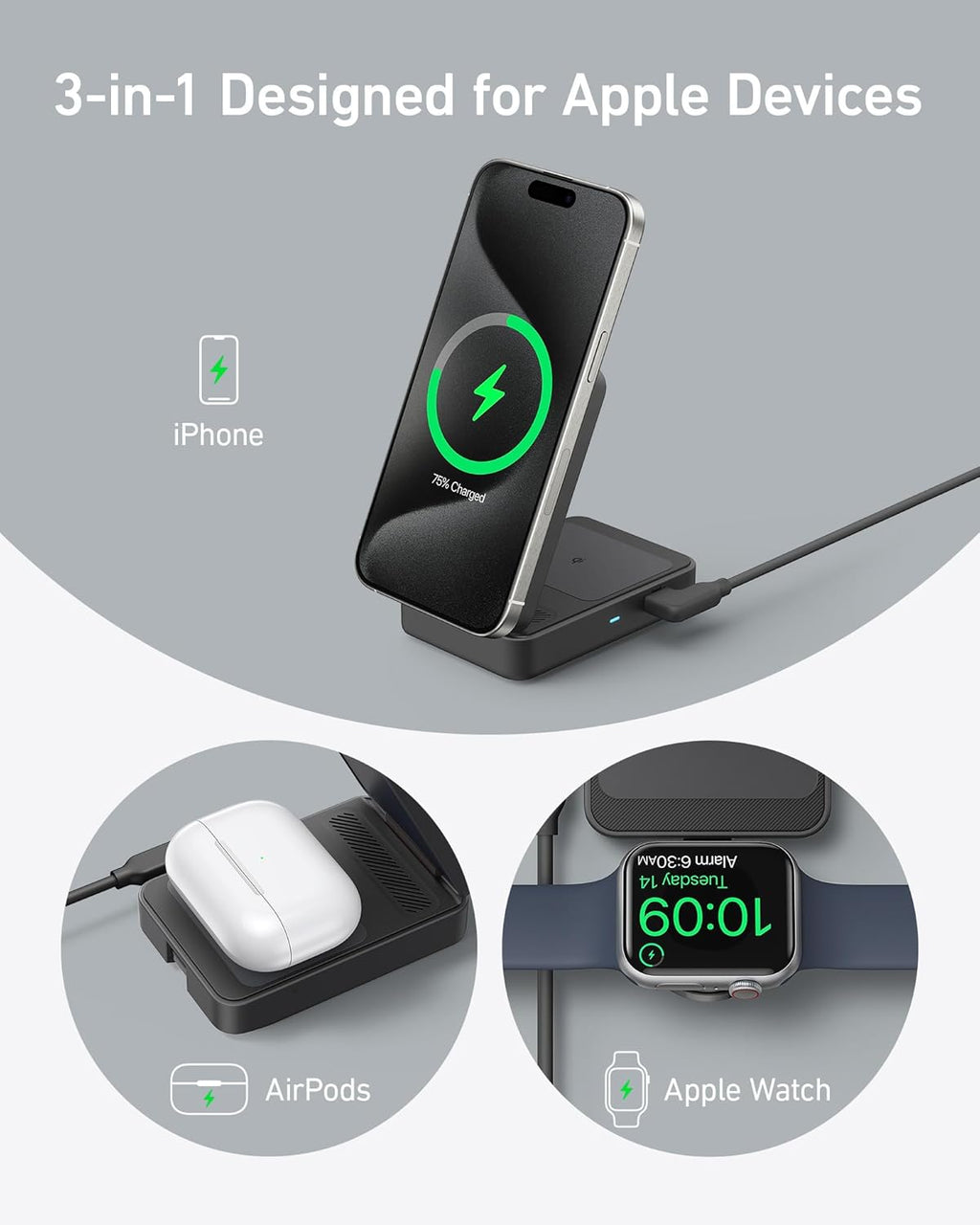 Anker MagGo 3-in-1 MagSafe Compatible Qi2 15W Foldable Charging Station | Qi2 Certified Wireless Charging Stand, for iPhone 17 / 16 / 15 / 14 Series, AirPods, Apple Watch Ultra (Adapter Included)