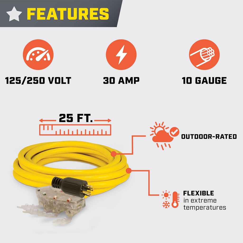 Champion Power Equipment 25-Foot 30-Amp 125/250-Volt Fan-Style Generator Extension Cord (L14-30P to four 5-20R)