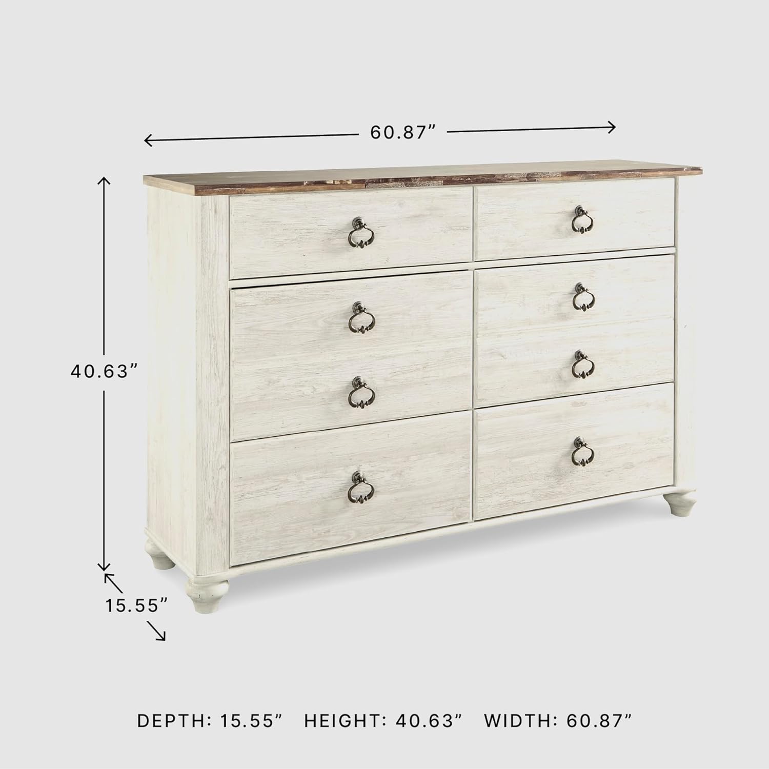 Signature Design by Ashley Willowton Coastal Cottage 6 Drawer Dresser with Faux Plank Top, Whitewash