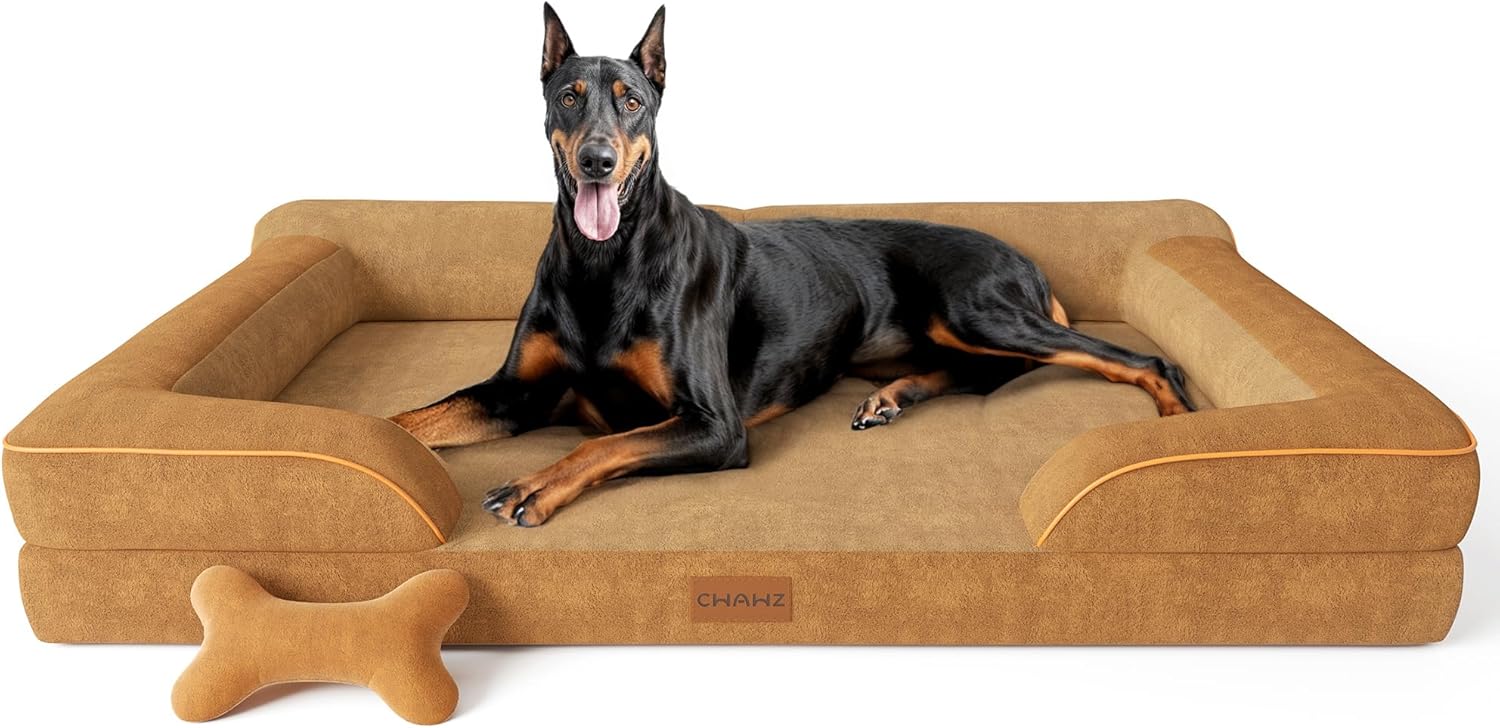 CWAWZ Extra Large Dog Bed, Orthopedic Dog Bed with Cooling Gel Memory Foam, Waterproof XL Pet Bed with Removable Washable Cover, 42" Pet Sofa Couch Dutch Velvet with Bone Toy, Light Gray