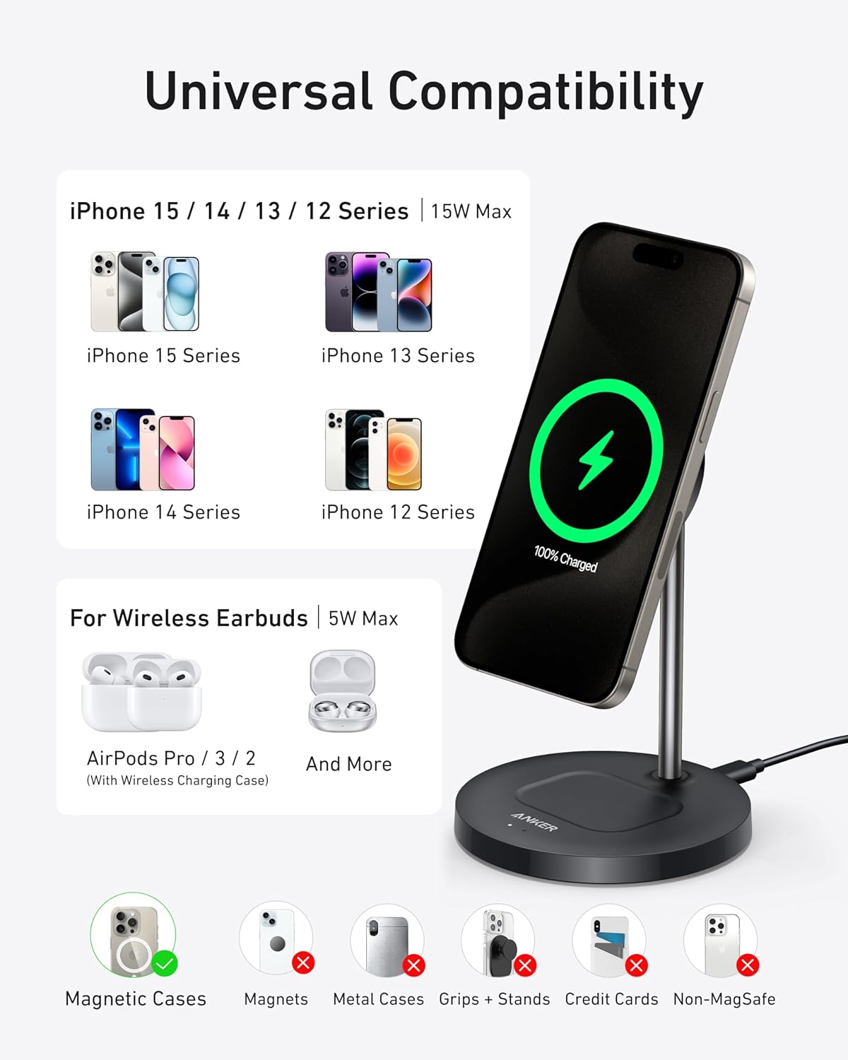 Anker MagGo 2-in-1 MagSafe Compatible Qi2 15W Wireless Charging Stand | Qi2 Certified, Fast Charging, Wireless Charger for iPhone 17, AirPods Pro, and More (Black, Adapter Not Included)