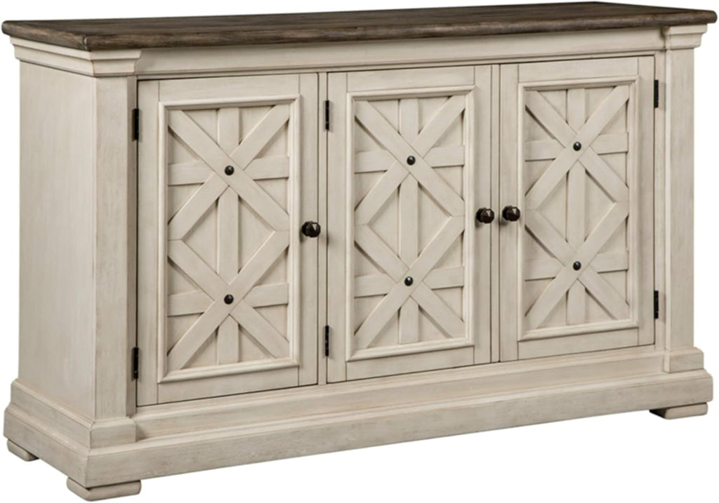 Signature Design by Ashley Bolanburg French Country Dining Room Server, 3 Doors, 2 Adjustable Shelves, Wood, 57.88" W x 18.13" D x 36" H, 2-tone White & Brown
