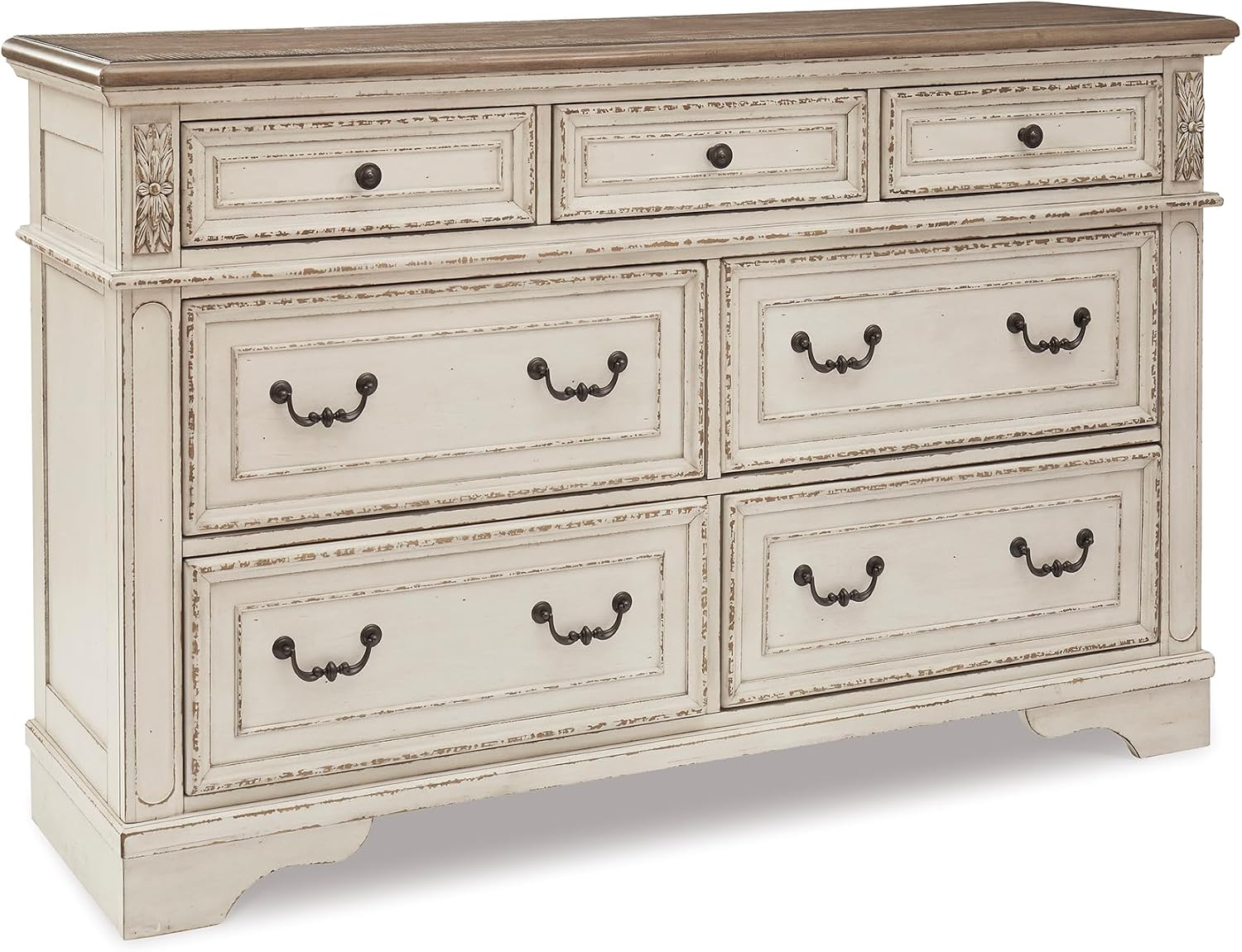 Signature Design by Ashley Realyn | French Country 7-Drawer Two-Tone Dresser – Fully Assembled, Decorative Corbels, Chipped White with Distressed Wood Top