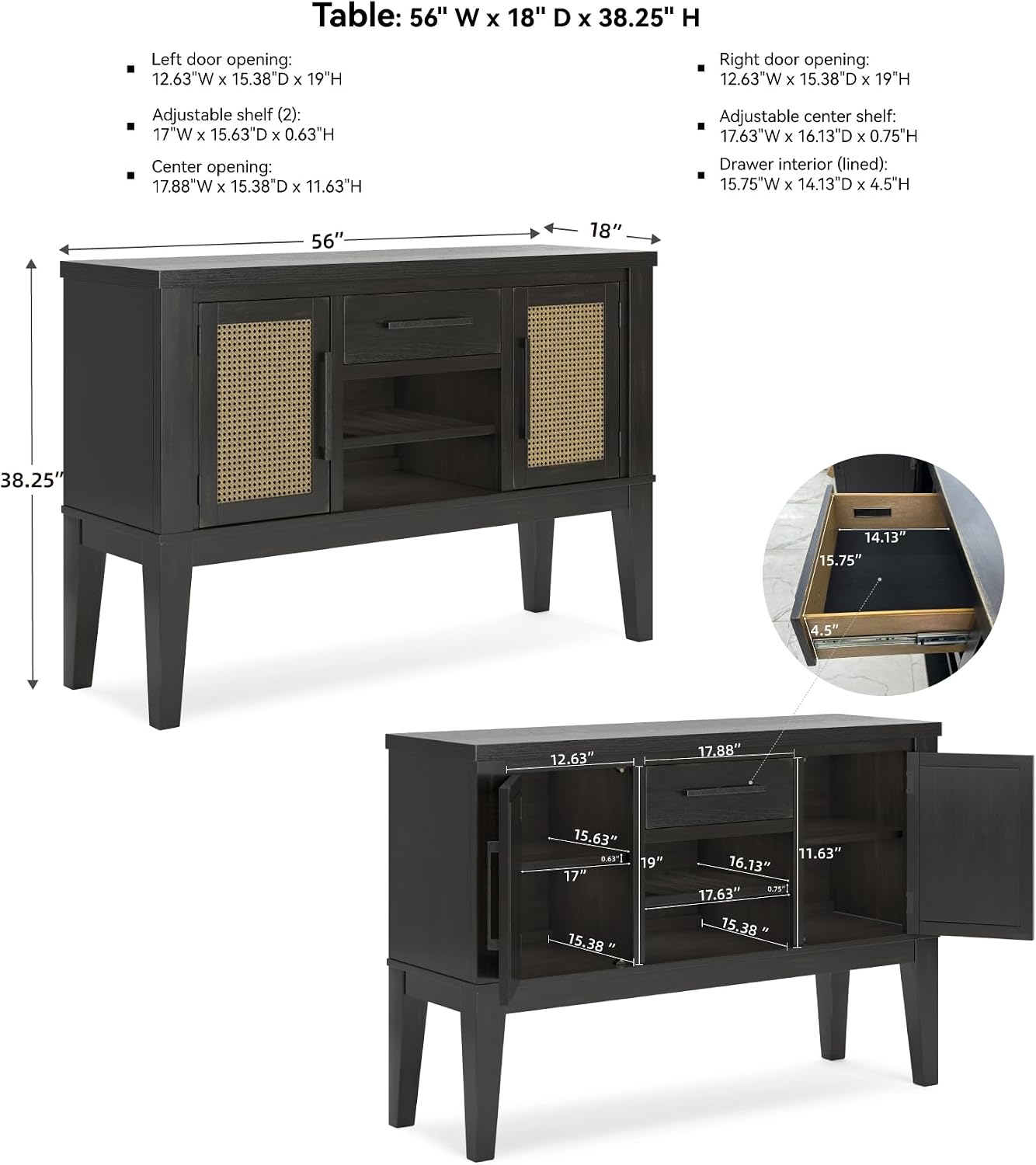 Signature Design by Ashley Galliden Urban 2-Door Dining Server with Reversible Wine Rack Shelf, Adjustable Shelves and Felt-Lined Drawer, Black & Light Brown