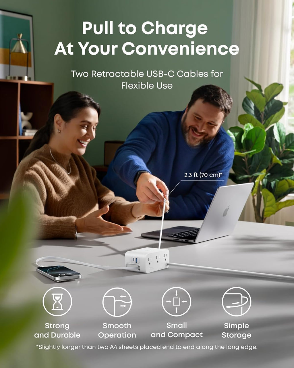 Anker Nano Charging Station, 100W 7-in-1 Power Strip, InstaCord | 2.3ft Retractable Cable, Gaming Desk Accessories for Multiple Devices, 3 AC, 3 USB C, 1 USB A, MacBook Charger, Home Office