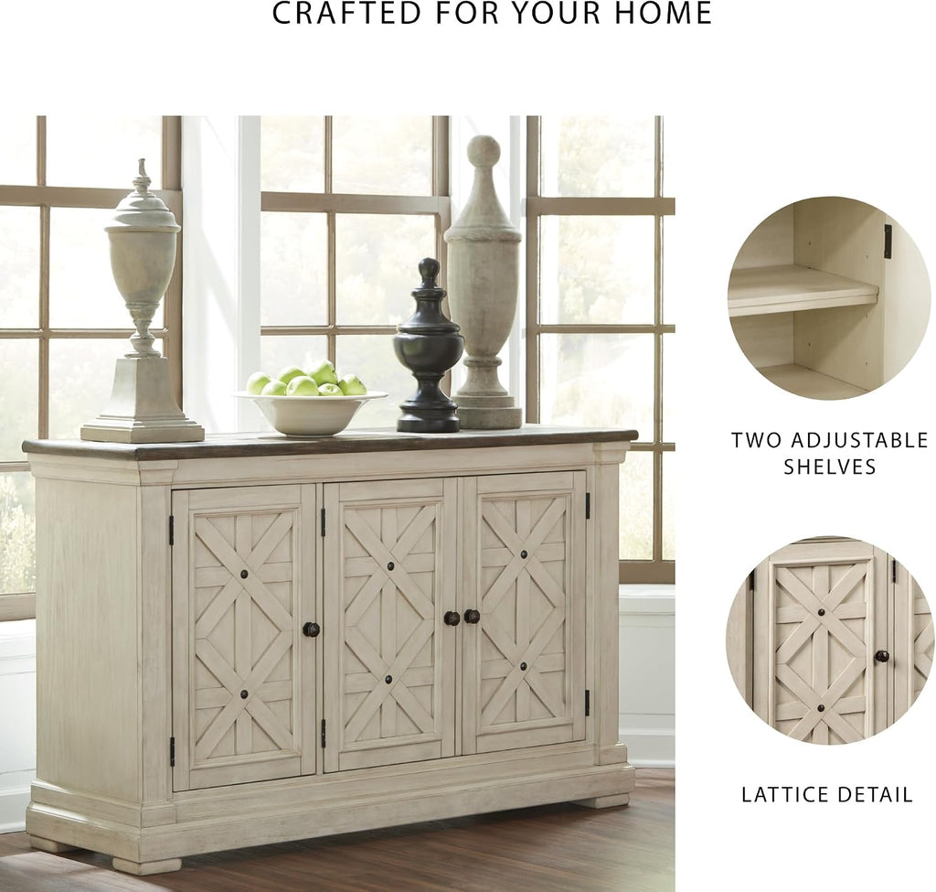 Signature Design by Ashley Bolanburg French Country Dining Room Server, 3 Doors, 2 Adjustable Shelves, Wood, 57.88" W x 18.13" D x 36" H, 2-tone White & Brown