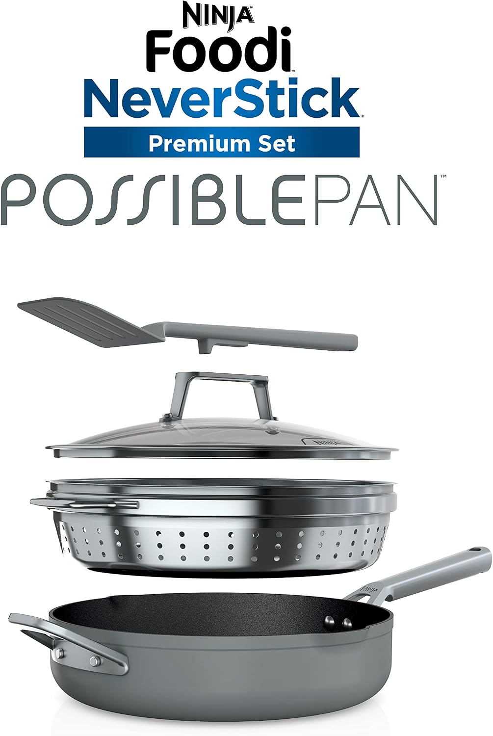 Ninja Foodi NeverStick 4 Quart Pan with Lid, Strainer, & Spatula, Oven Safe, Sea Salt Grey