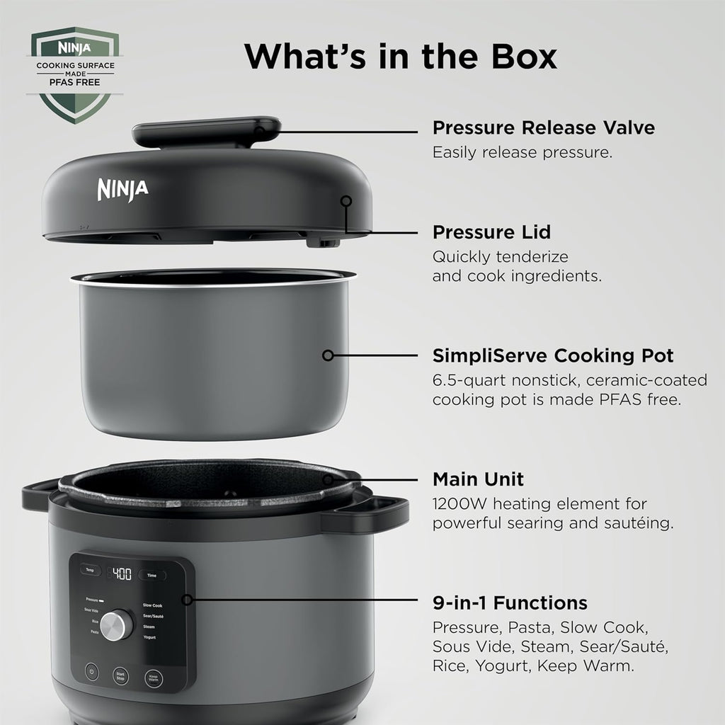 Ninja HyperHeat 9-in-1 Electric Pressure Cooker | 6.5 Qt Multi Cooker with Sear/Sauté, Slow Cooker, Rice Cooker, Sous Vide | 1200W | Fast Cooking, PFAS-Free Pot | Dark Gray | PC201GY