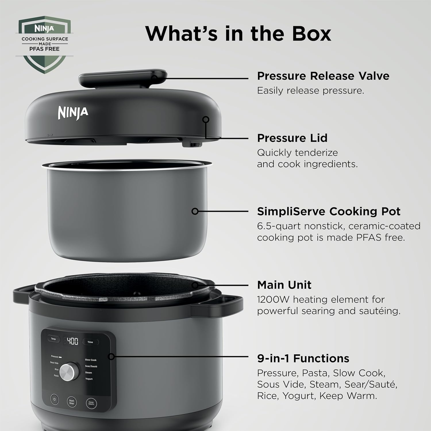 Ninja HyperHeat 9-in-1 Electric Pressure Cooker | 6.5 Qt Multi Cooker with Sear/Sauté, Slow Cooker, Rice Cooker, Sous Vide | 1200W | Fast Cooking, PFAS-Free Pot | Dark Gray | PC201GY