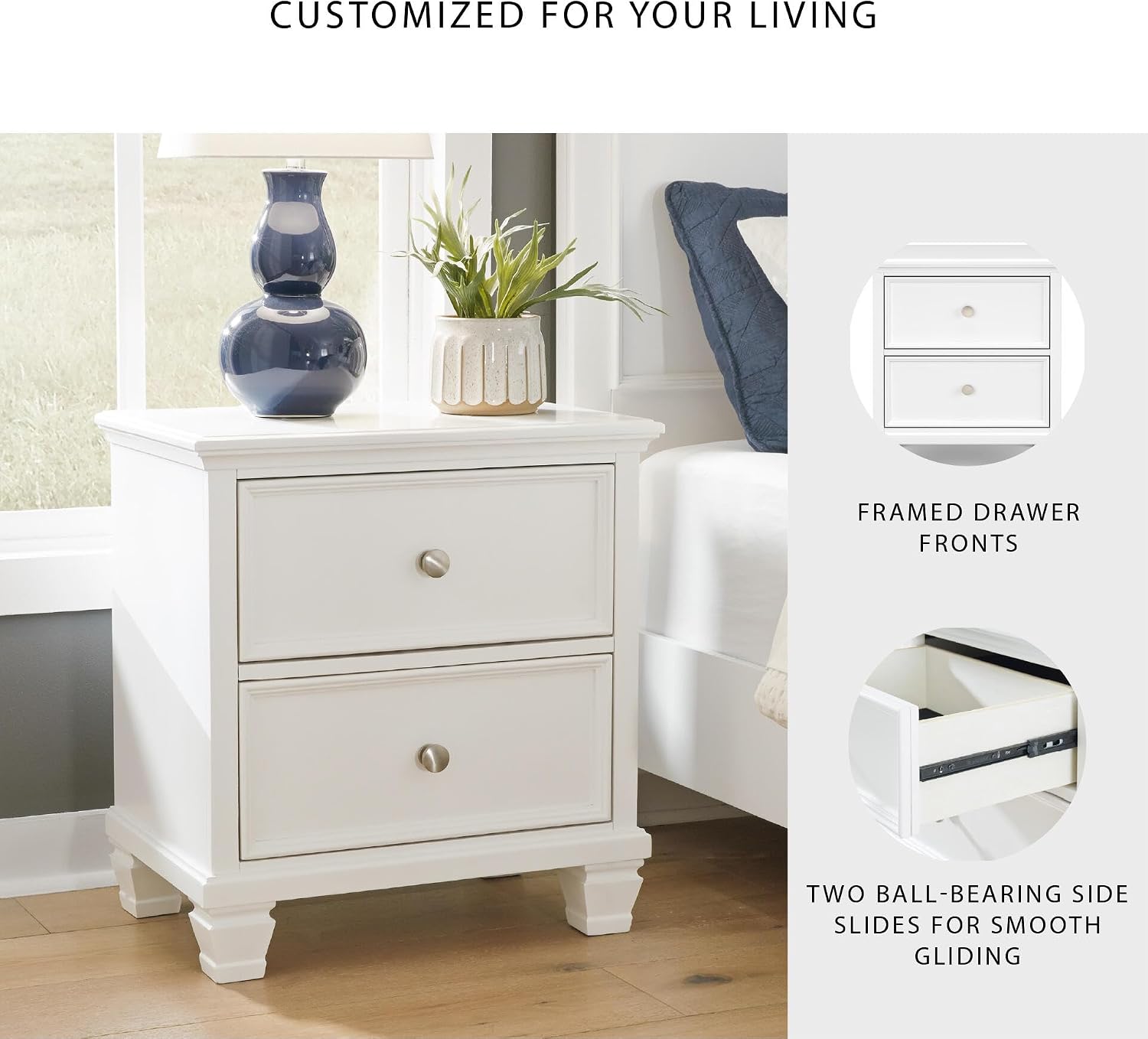 Signature Design by Ashley Fortman White Nightstand, 2 Drawer Storage, Hardwood Solids and MDF Construction, Traditional Wood Bedside Table, 25" W