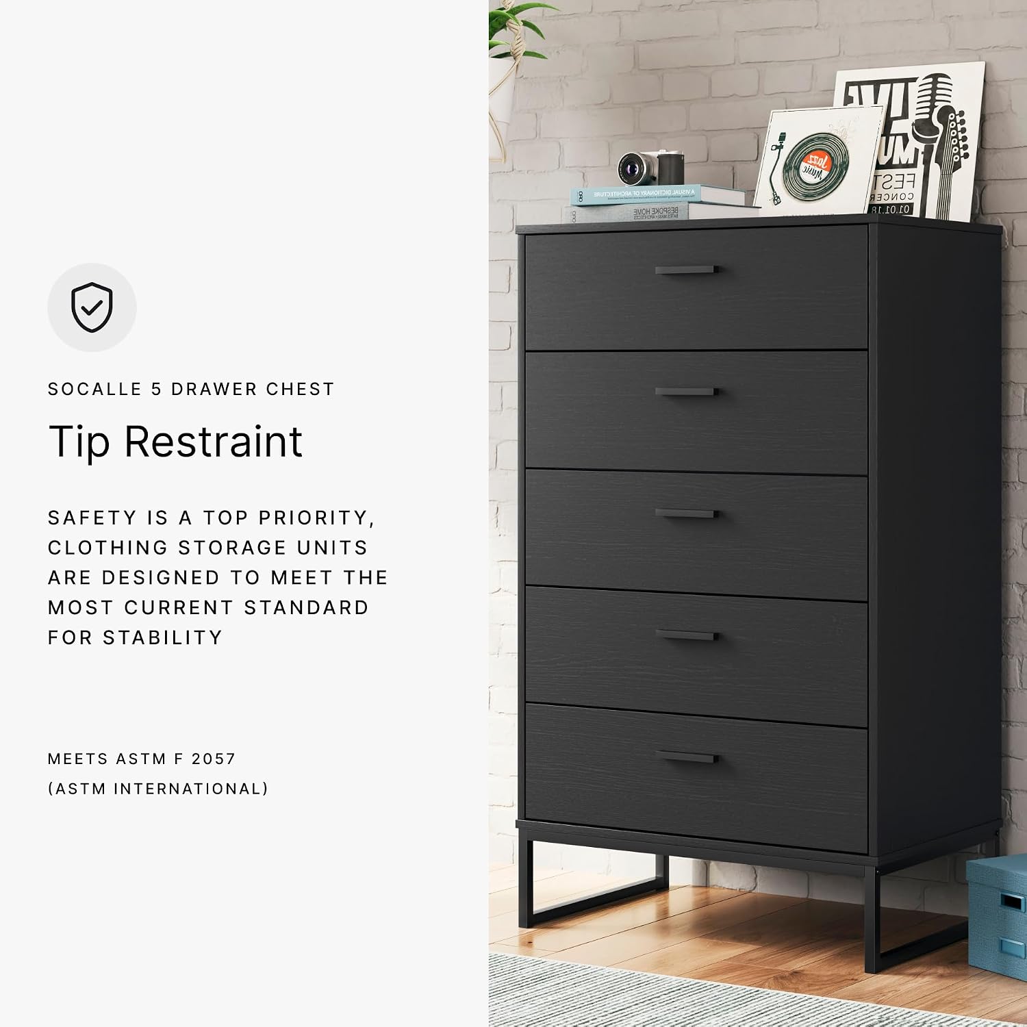 Signature Design by Ashley Socalle Matte Black Finish Chest of Drawers, Modern Tall 5 Drawer Dresser, Engineered Wood (MDF/Particleboard/Plywood) & Decorative Laminate, Bedroom Storage