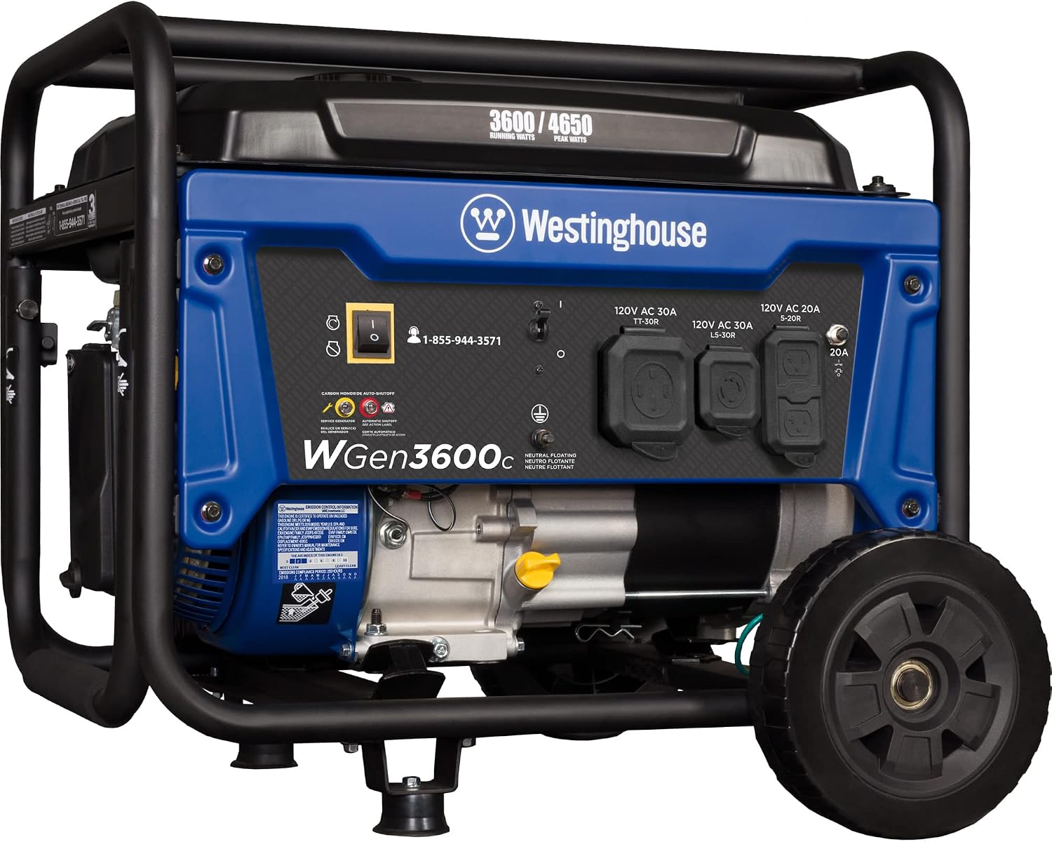 Westinghouse 4650 Peak Watt Portable Generator, RV Ready 30A Outlet, Wheel & Handle Kit, Gas Powered, CO Sensor