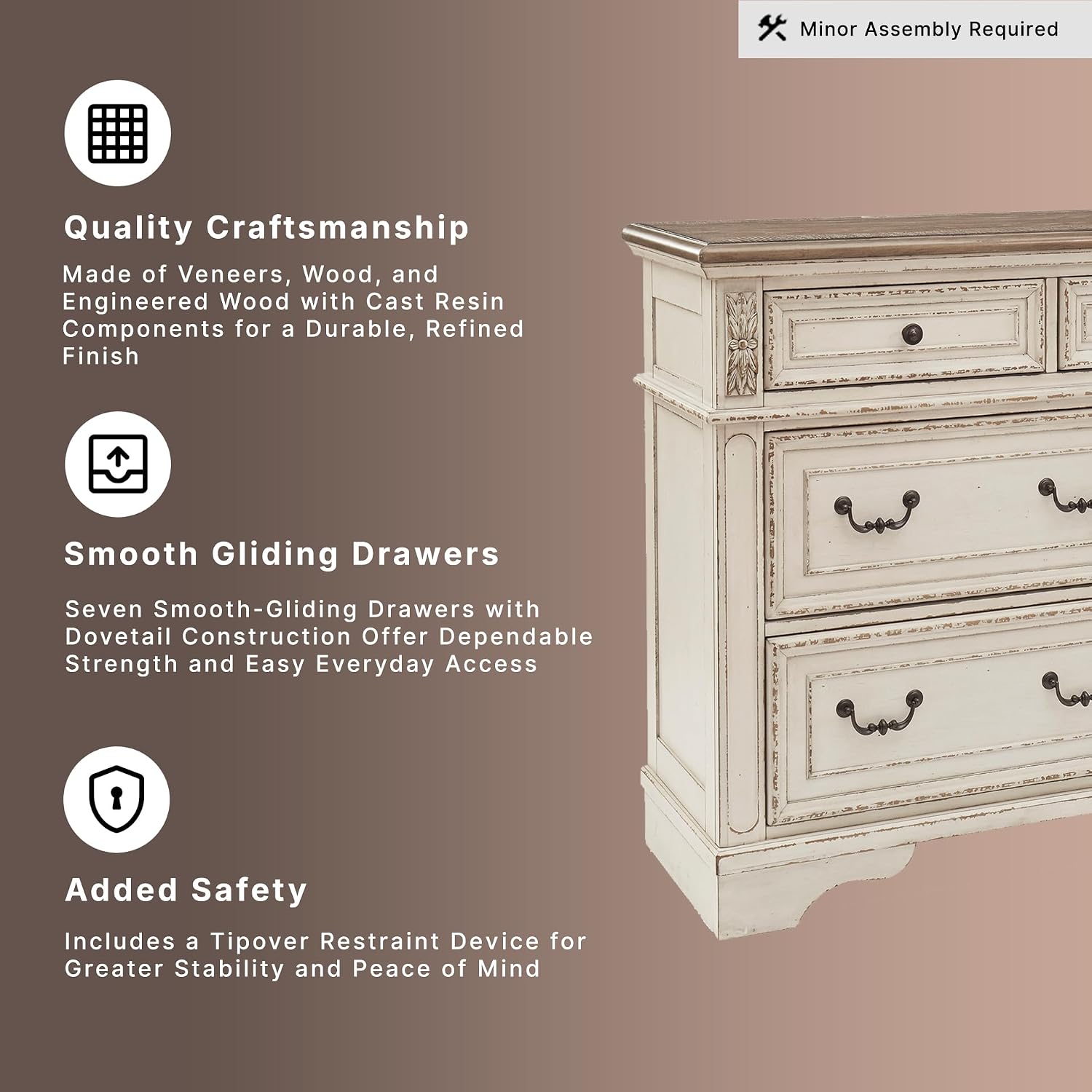 Signature Design by Ashley Realyn | French Country 7-Drawer Two-Tone Dresser – Fully Assembled, Decorative Corbels, Chipped White with Distressed Wood Top