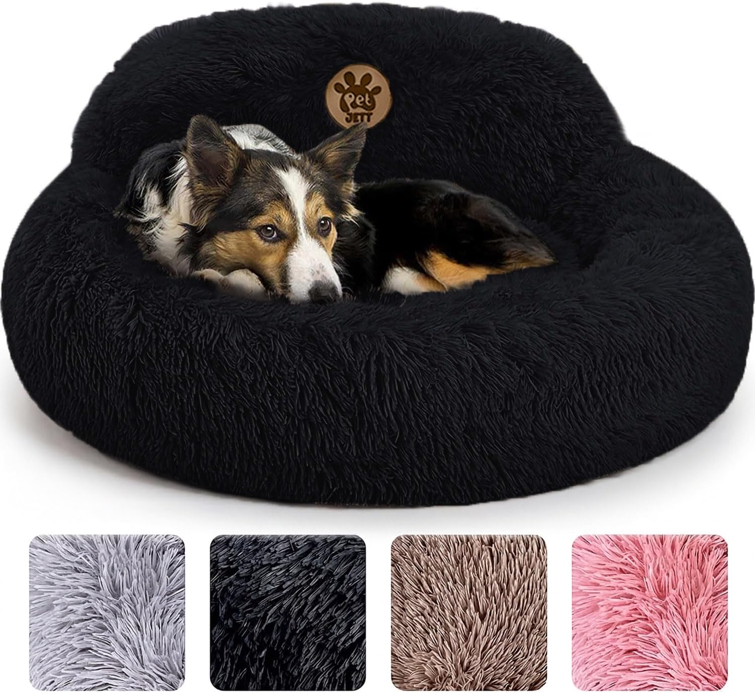 PetJett Calming Dog Bed Medium Size Dog - 30'' Donut Bed, Washable Dog Bed, Anti-Slip & Super Soft Fluffy Plush Round Dog Bed, Anti-Anxiety Premium Comfort Pet Bed, Fits Dogs Upto 45 lbs - Dark Grey