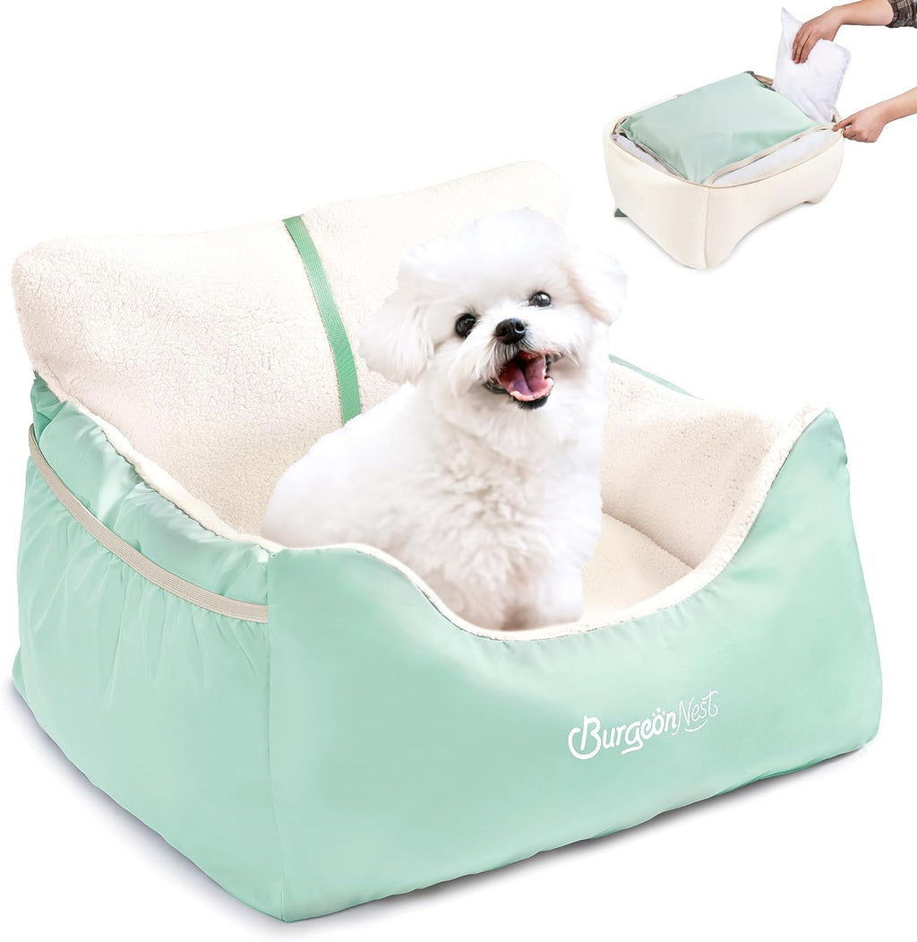 BurgeonNest Dog Car Seat for Small Dogs, Soft Pet Car Travel Home Bed Under 25 lbs, Fully Detachable and Washable Cat Booster Carseats with Storage Pockets and Clip-On Leash Portable Carrier,Black