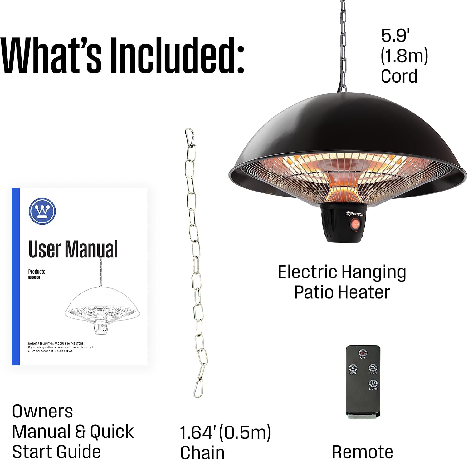 Westinghouse Outdoor Ceiling Patio Heater, Water Resistant, Adjustable Heat Output Up to 1500W, Auto Shut Off Overheat Protection, Hanging Infrared Heater for Patio Cover, Gazebo, & More - Black