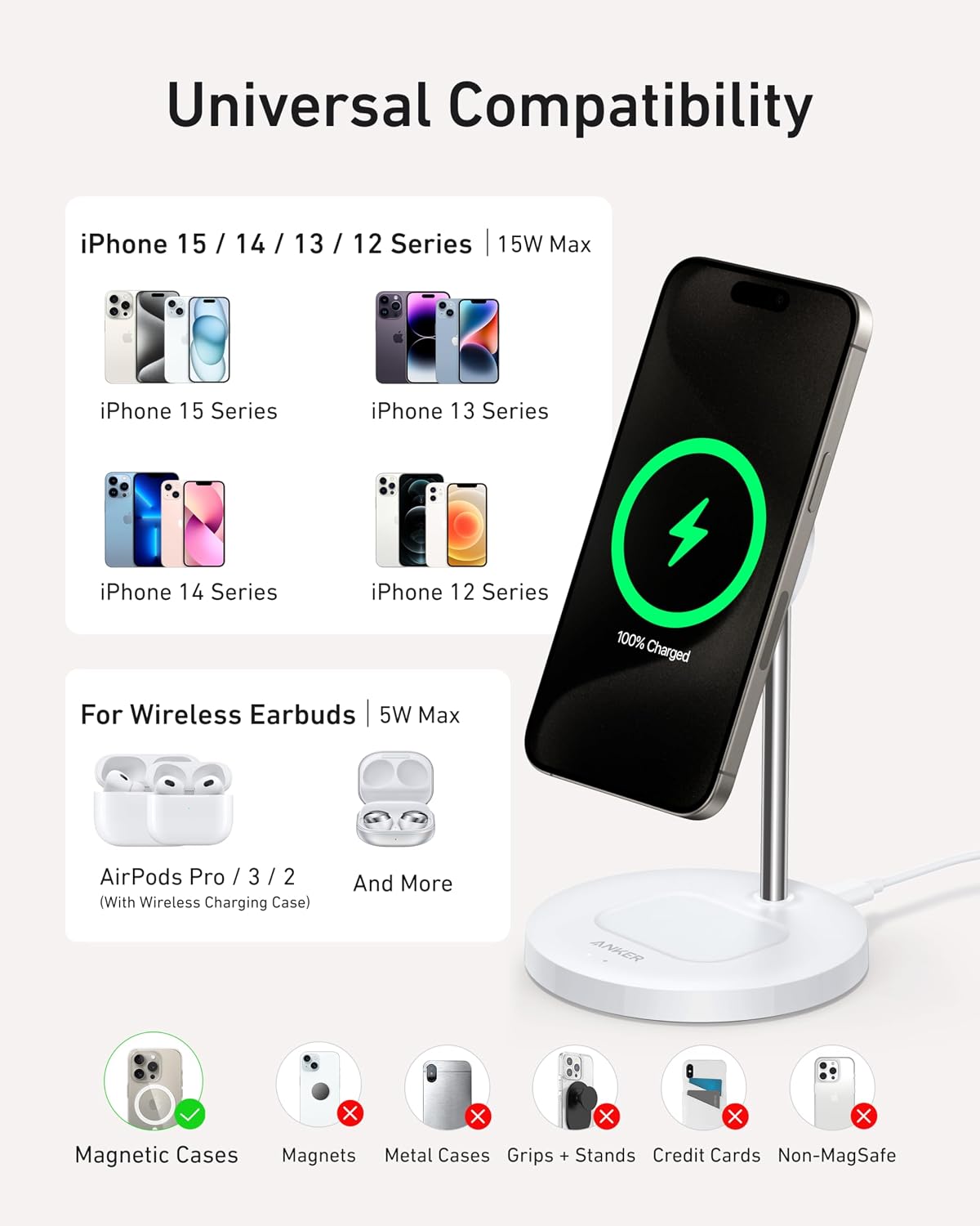 Anker MagGo 2-in-1 MagSafe Compatible Qi2 15W Wireless Charging Stand | Qi2 Certified, Fast Charging, Wireless Charger for iPhone 17, AirPods Pro, and More (White, 40W Adapter Included)