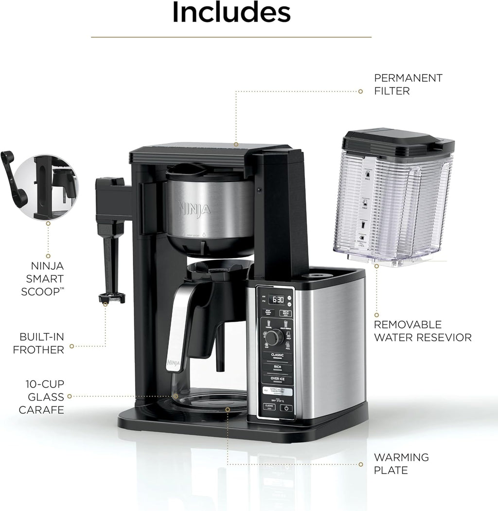 Ninja Specialty Coffee Maker | Includes 10-Cup Carafe, Fold-Away Frother, Permanent Filter & Removable, Dishwasher Safe Reservoir | 6 Brew Styles, 8 Cup to Travel Mug to Pot Sizes | Black | CM401