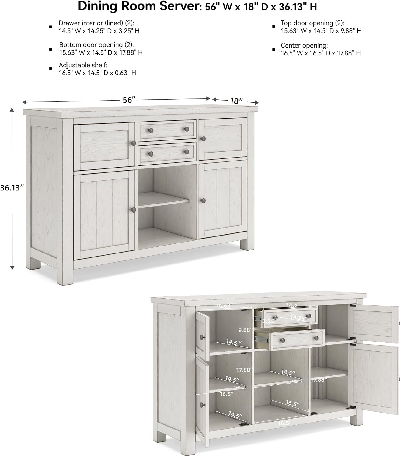 Signature Design by Ashley Robbinsdale Casual 4-Door Dining Server with Adjustable Shelves and Felt-Lined Drawers, White