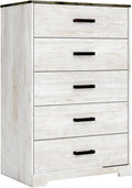 Signature Design by Ashley Shawburn Rustic 5 Drawer Chest of Smooth-Gliding Drawers and Safety Stop, White & Gray