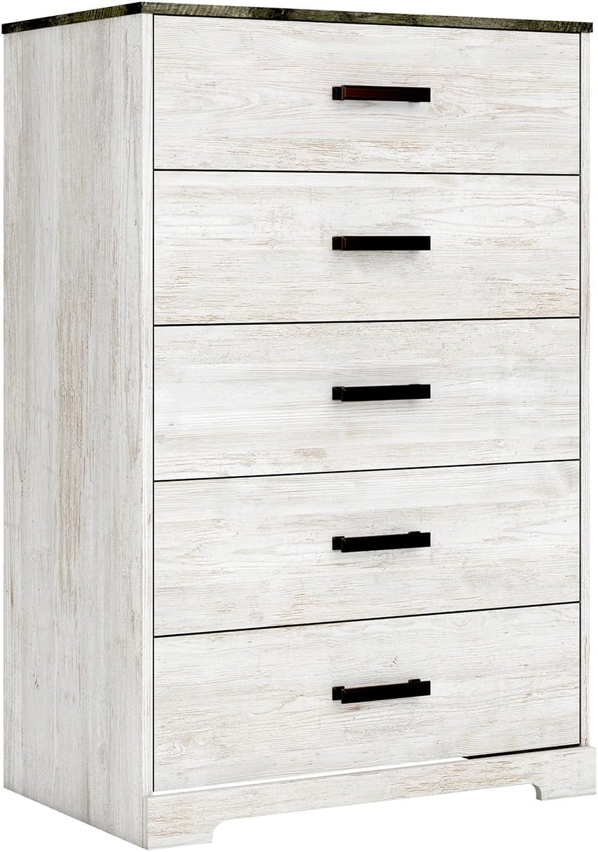 Signature Design by Ashley Shawburn Rustic 5 Drawer Chest of Smooth-Gliding Drawers and Safety Stop, White & Gray