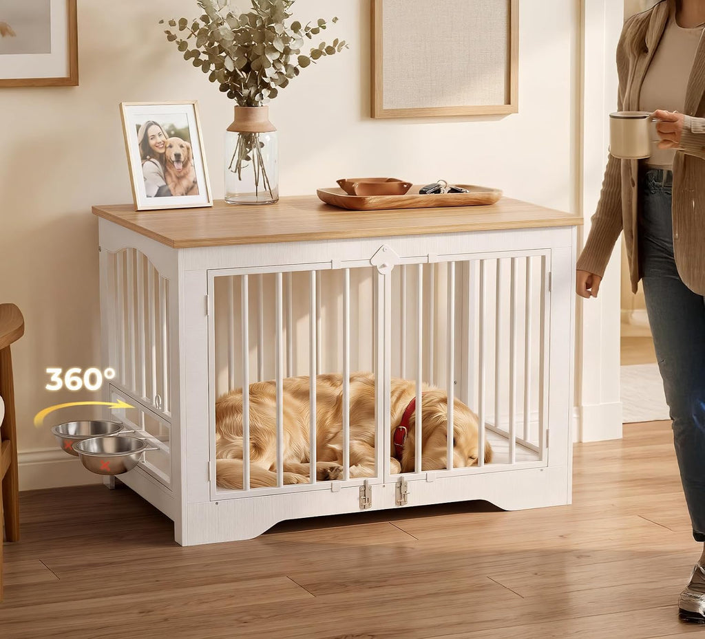 Dog Crate Furniture 38in, Wooden Indoor Pet Kennel End Table with 360 Degree Rotating Feeder Door, Secure Double Latches and Solid Base for Medium Dogs, Natural and White