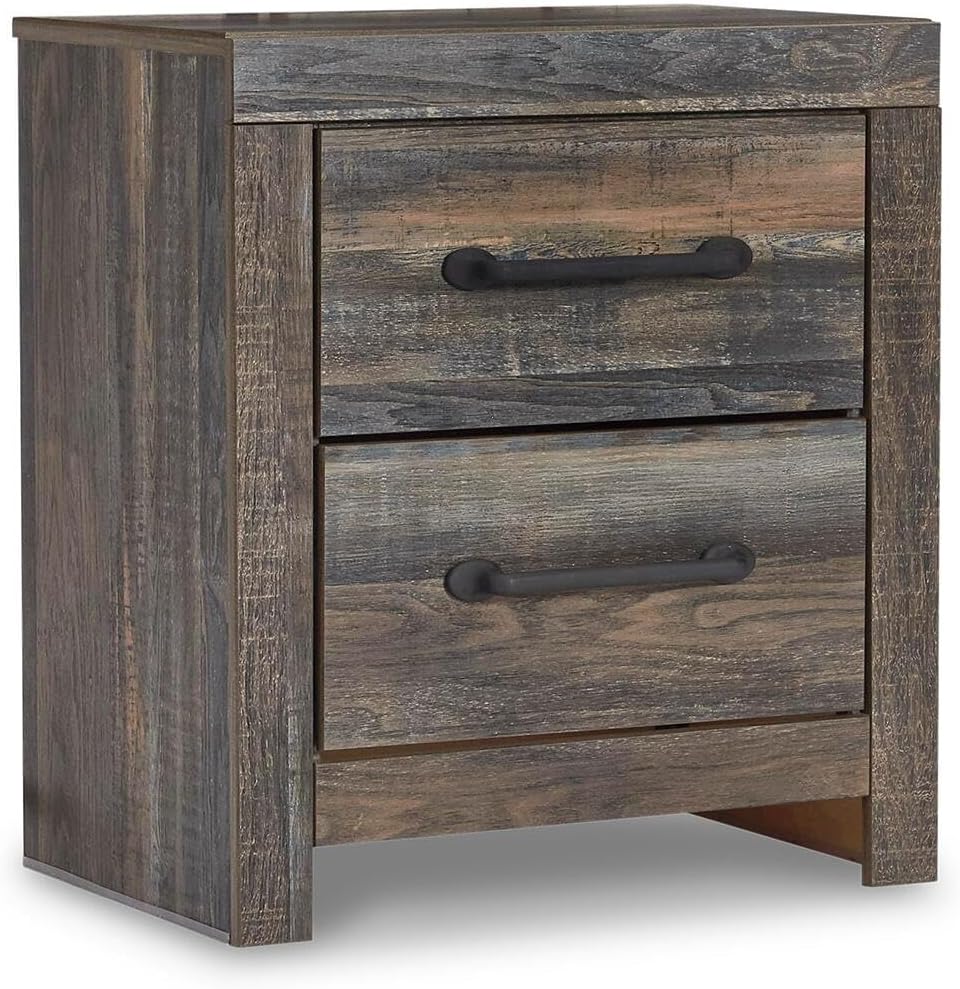 Signature Design by Ashley Drystan Rustic Industrial 2 Drawer Nightstand with 2 Slim-Profile USB Charging Stations, 24.37" Tall, Weatherworn Brown