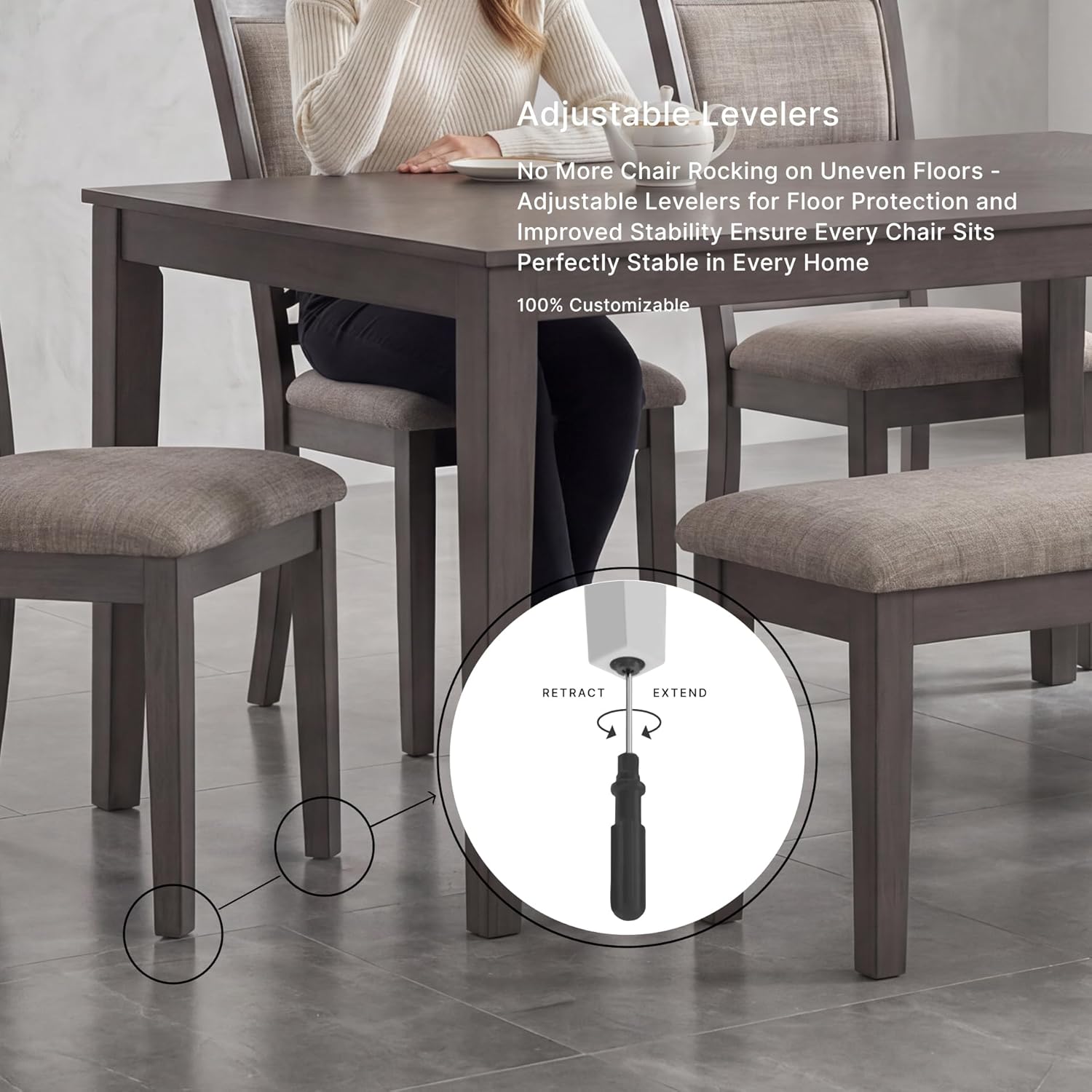 Signature Design by Ashley Wrenning Diamond Patterned Dining Table Set, 4 Upholstered Chairs and Bench, Seats 6, Wood, Gray