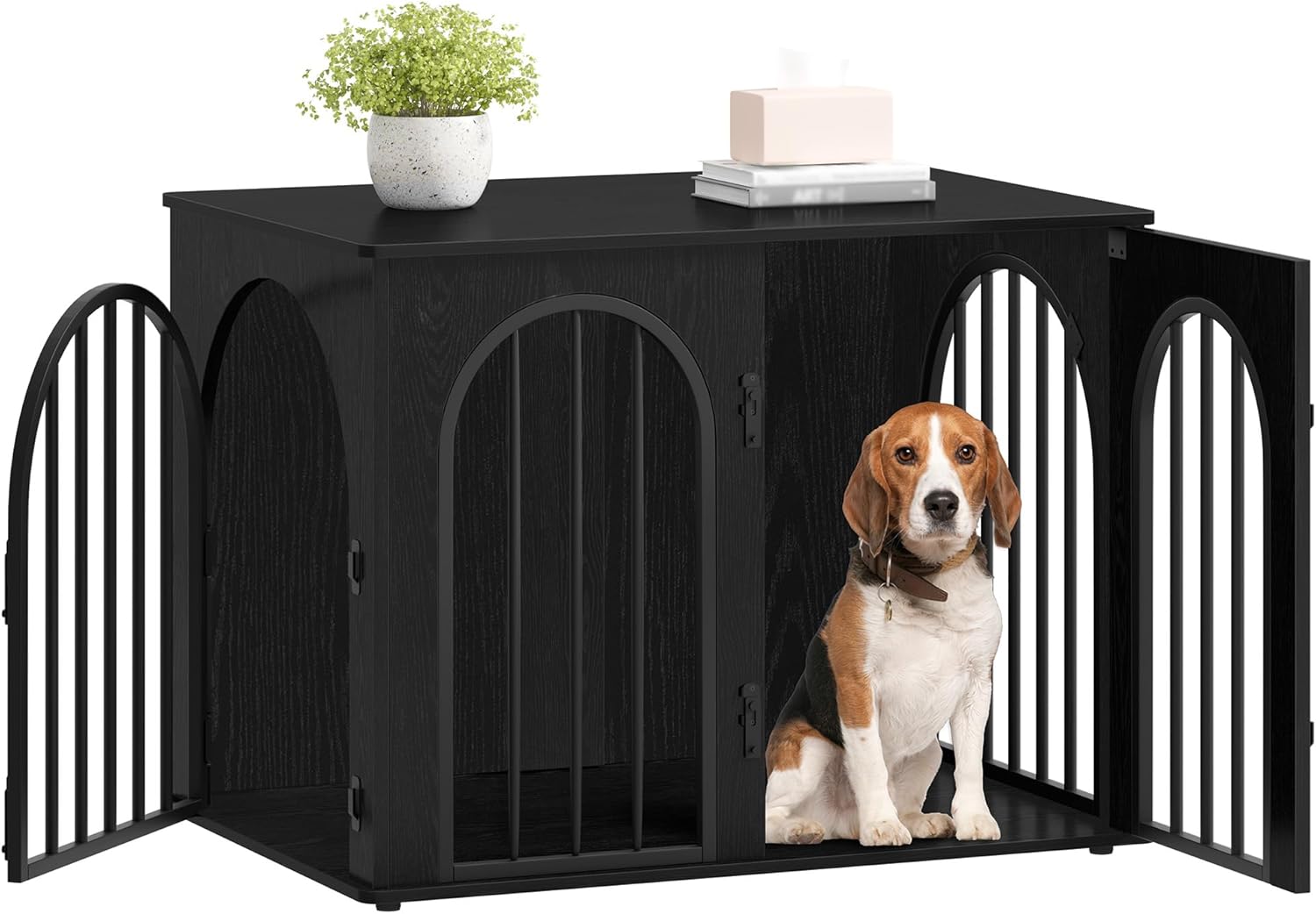 Hzuaneri 31.5'' Wooden Dog Crate Furniture, Indoor Dog Kennel Dogs Cage for Small/Medium Dogs, Heavy Duty Dog Crates Decorative Pet House End Side Table TV Stand, White Brown DFC85114B