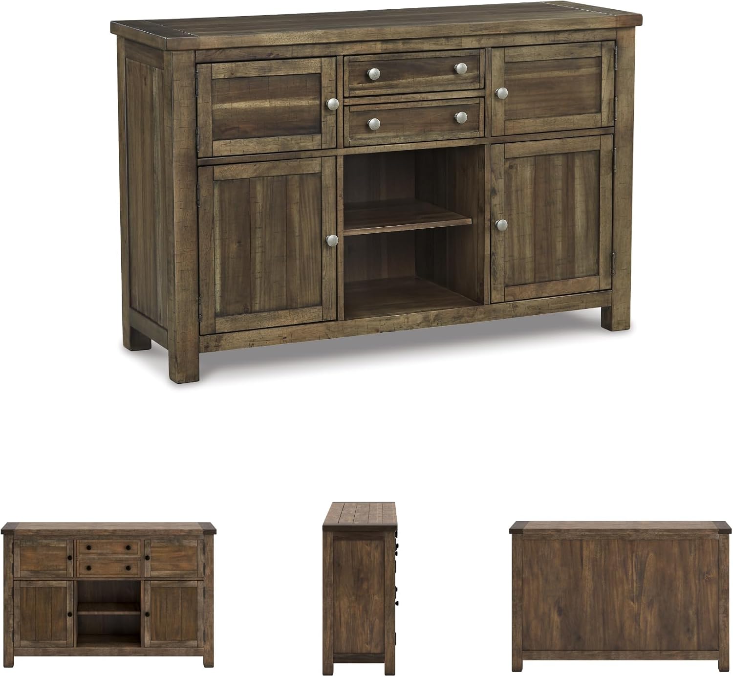 Signature Design by Ashley Moriville Vintage Casual Dining Room Buffet or Server with 4 Cabinets & Center Display Shelf, 2 Drawers, Wood, 56" Wide, Brown
