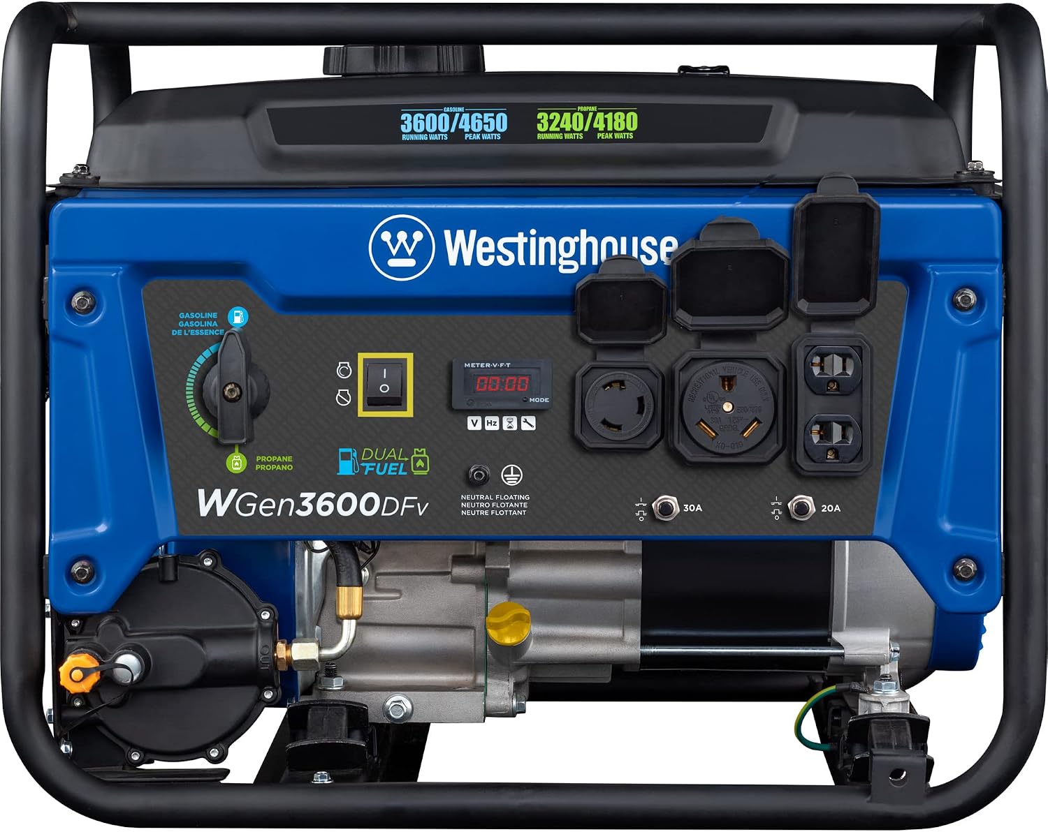 Westinghouse 4650 Peak Watt Dual Fuel Portable Generator, RV Ready 30A Outlet, Gas & Propane Powered