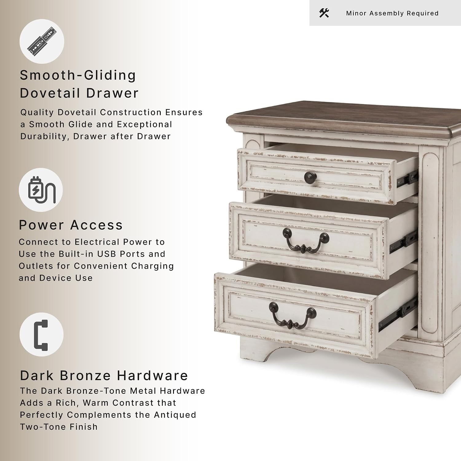 Signature Design by Ashley Realyn Nightstand with USB Charging Station, French Country 3 Drawer Bedside Table for Bedroom, Veneers, Wood and Engineered Wood, with Cast Resin Components, 27 Inches