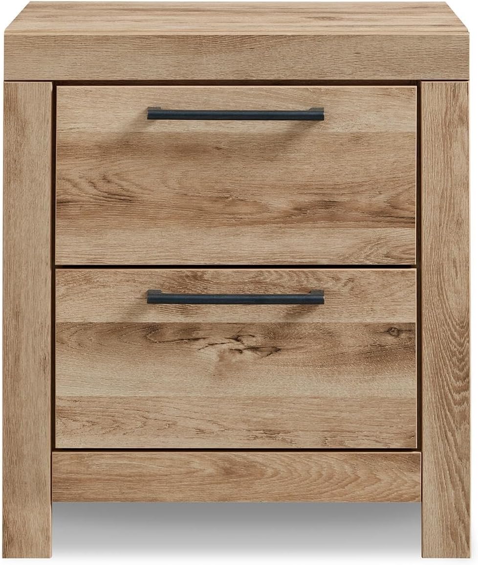 Signature Design by Ashley Hyanna Rustic Contemporary 2 Drawer Nightstand with 2 USB Charging Ports, Wood, 24.37" High, Light Golden Brown Finish