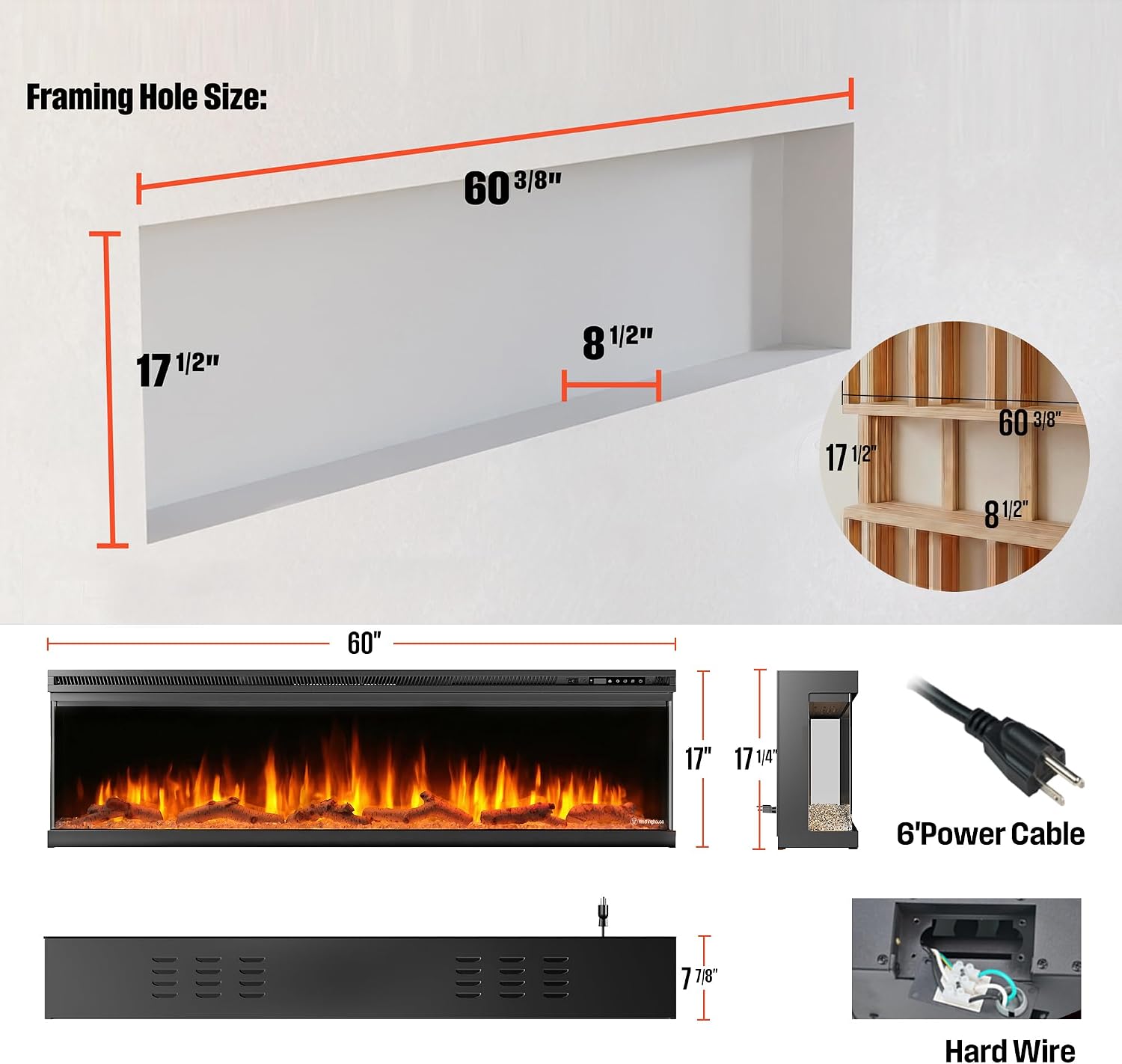Westinghouse 60inch 3-Sided Electric Fireplace, Realistic Flame&Log Set, Compatible with Alexa & Google Home, Wall Mount or Recessed, 24 Hour Timer, Color Changing Flames, 750W/1500W Indoor Heater