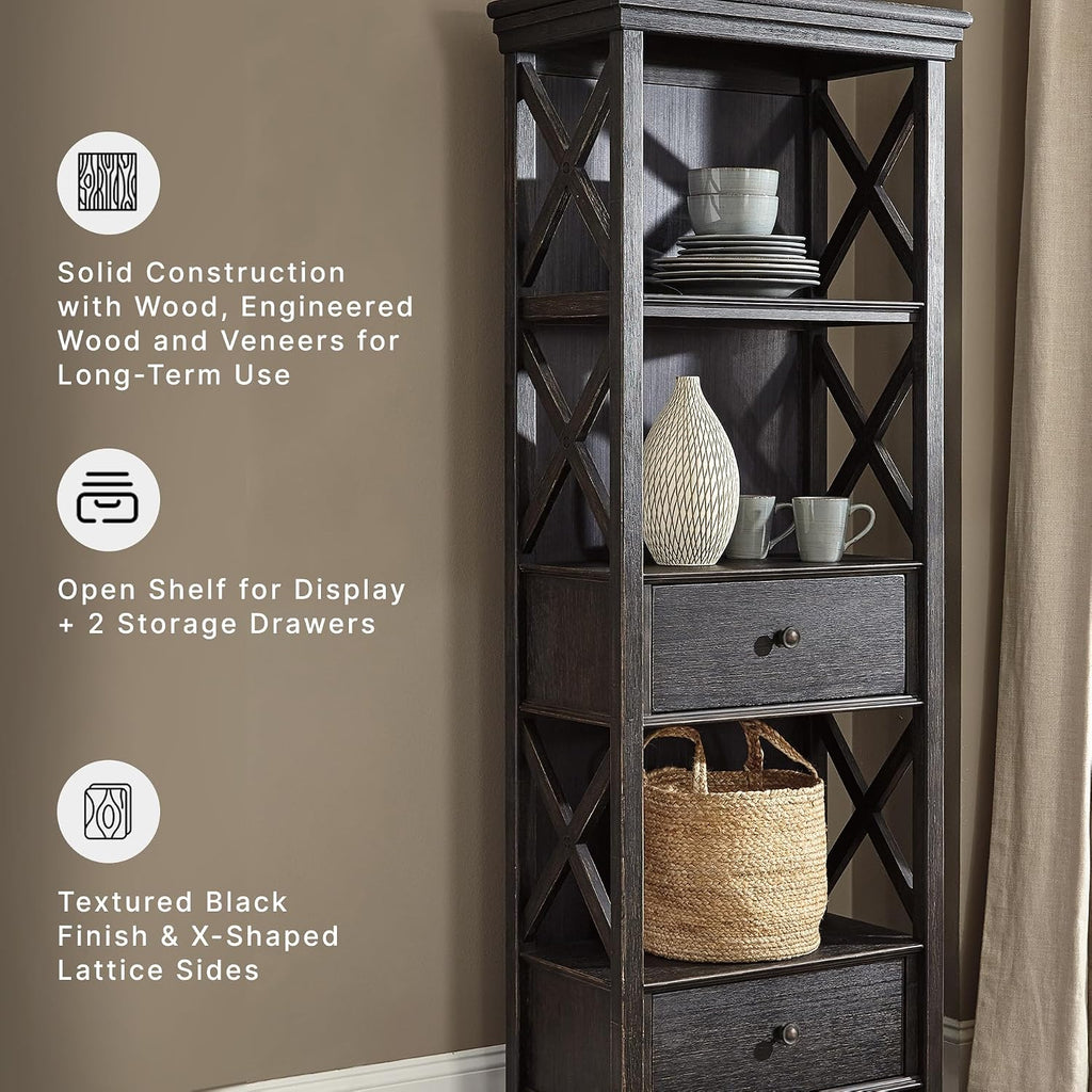 Signature Design by Ashley Tyler Creek Casual Farmhouse 75" Display Cabinet or Bookcase with Drawers and Shelf, Open Lattice Sides, Wood, Gray Black Finish