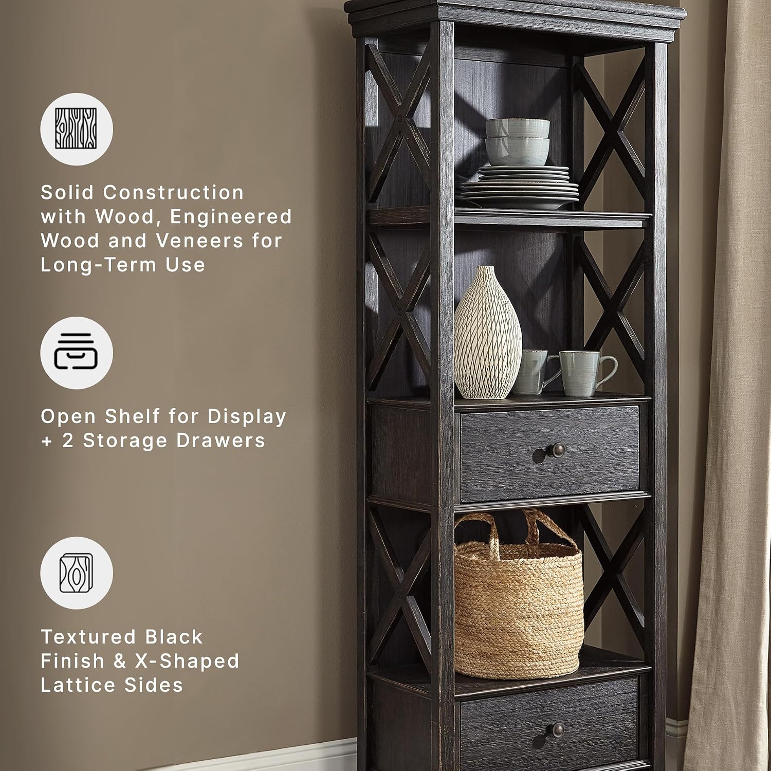 Signature Design by Ashley Tyler Creek Casual Farmhouse 75" Display Cabinet or Bookcase with Drawers and Shelf, Open Lattice Sides, Wood, Gray Black Finish
