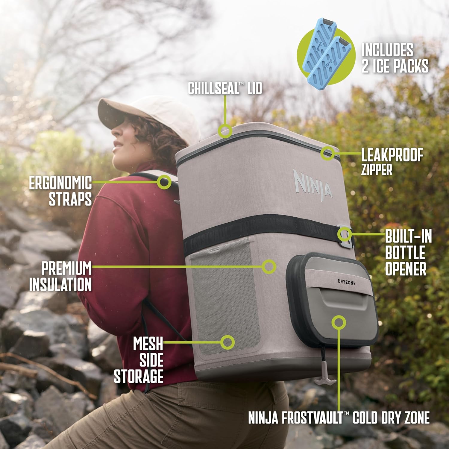 Ninja | Backpack Cooler | FrostVault Go 36 Can Soft Cooler | Leakproof Zipper with Built in Can Opener, 2 Ice Packs & Dry Storage Drawer | for Hiking, Camping & More | Birch Beige | FF136CS