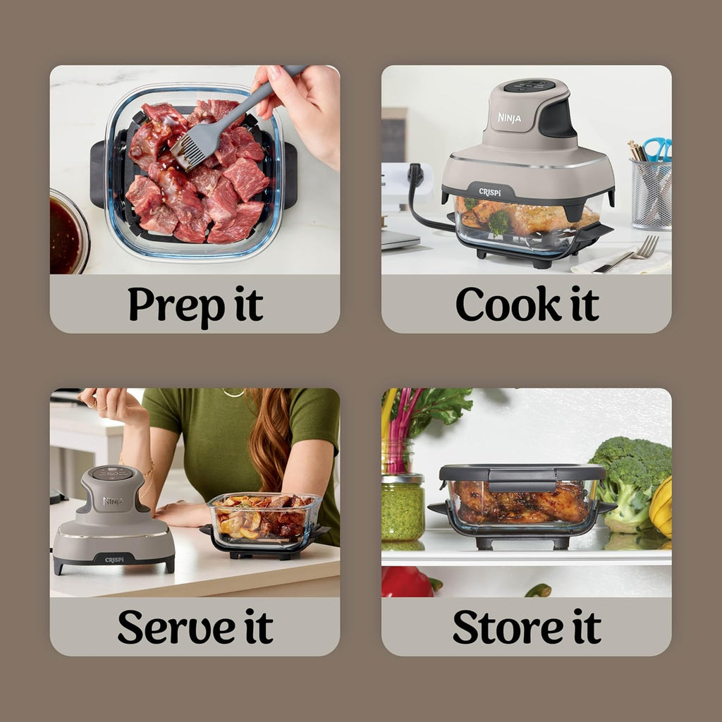 Ninja Crispi 4 in 1 Glass Air Fryer, 450°F, Non Toxic, 4QT and 6 Cup Containers with Lids, Dishwasher Safe, Stone, 1 Count, FN101ST