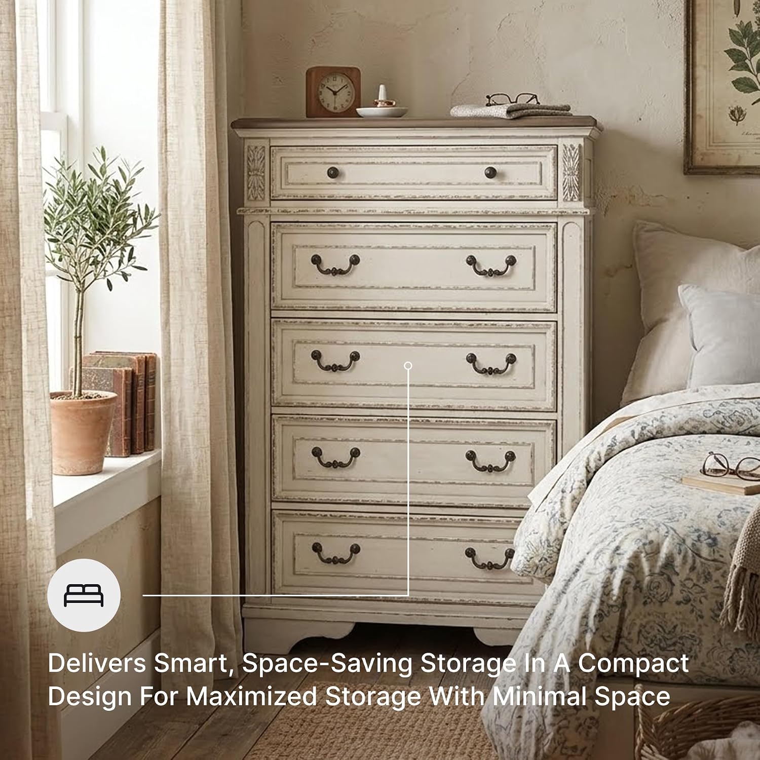 Signature Design by Ashley Realyn French Country 5 Drawer Chest, Tipover Restraint Device, 2-tone Finish, Wood, 40.13" W x 18.13" D x 58.13" H, Chipped White