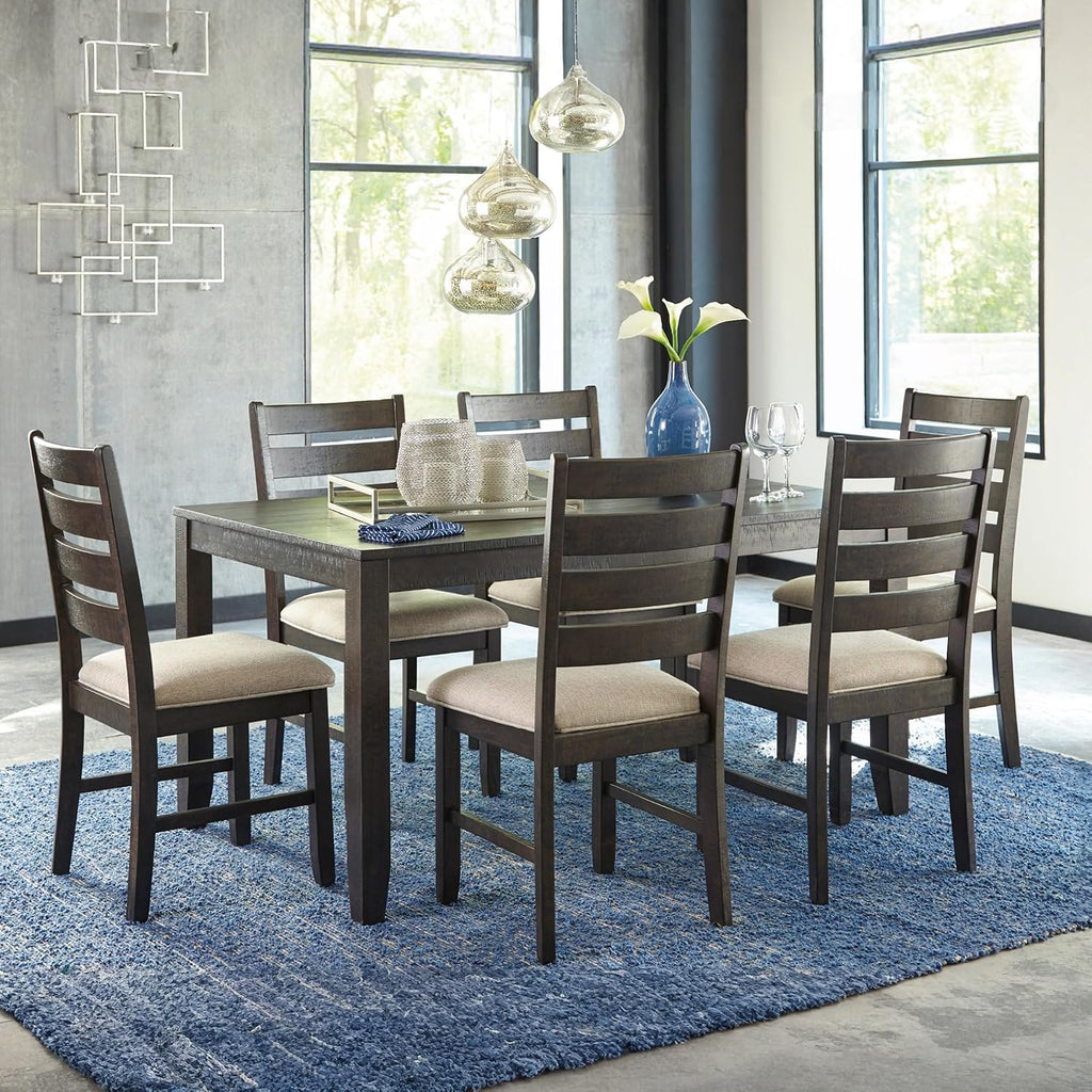 Signature Design by Ashley Rokane 7-Piece Dining Room Table Set with 6 Upholstered Chairs - Brown Wood 20" Rectangular Table & Chair Set for Kitchen Dining Room