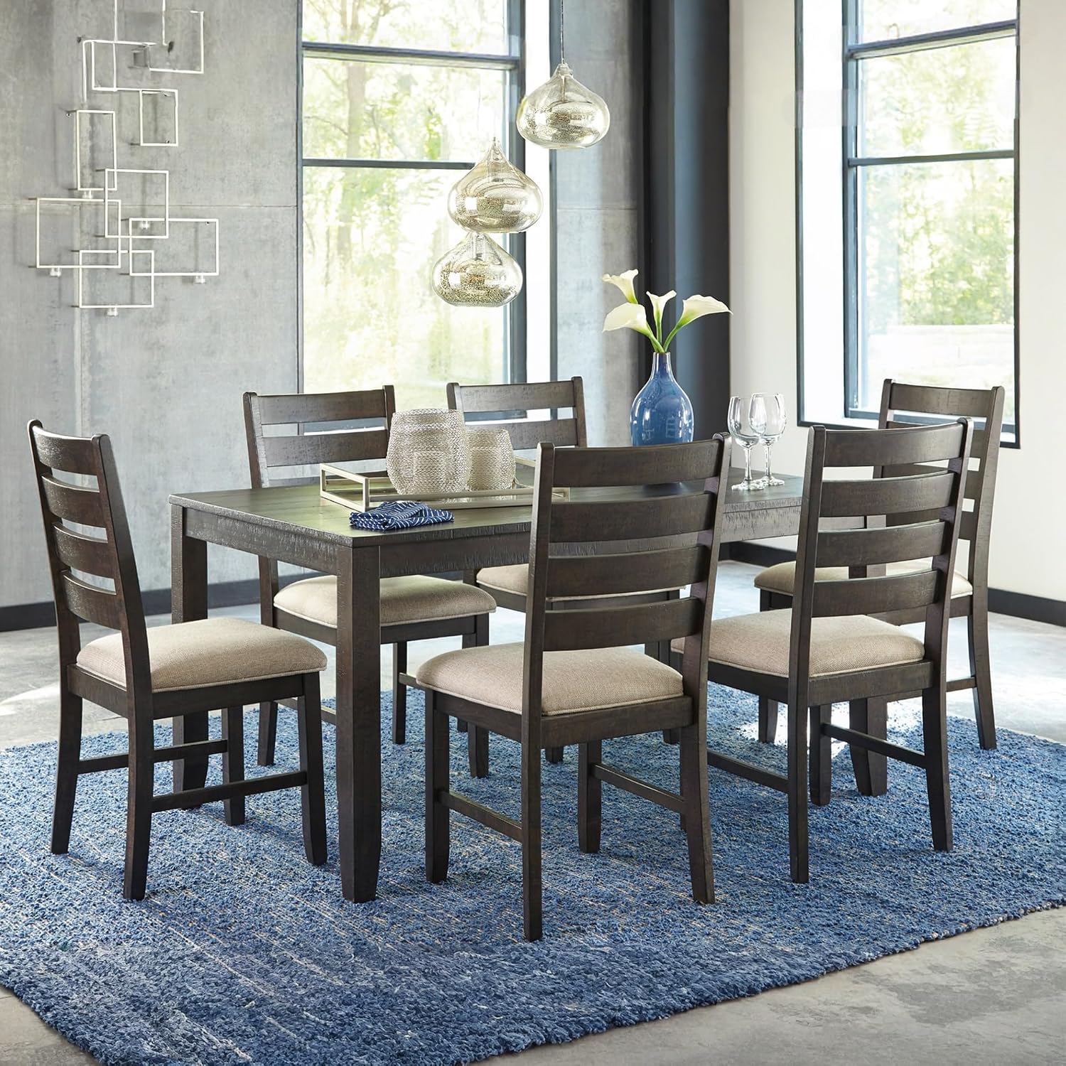 Signature Design by Ashley Rokane 7-Piece Dining Room Table Set with 6 Upholstered Chairs - Brown Wood 20" Rectangular Table & Chair Set for Kitchen Dining Room