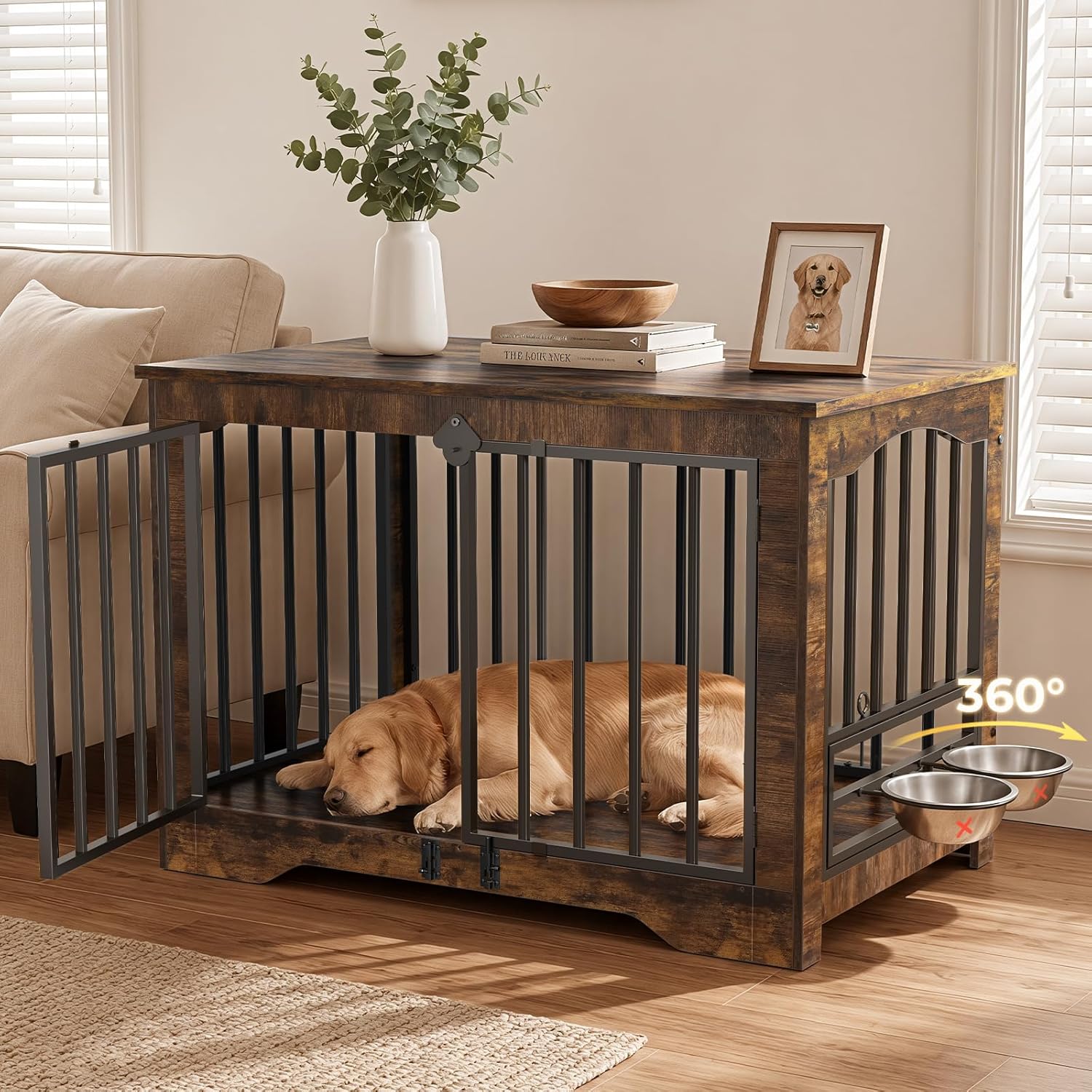 Dog Crate Furniture 38in, Wooden Indoor Pet Kennel End Table with 360 Degree Rotating Feeder Door, Secure Double Latches and Solid Base for Medium Dogs, Natural and White