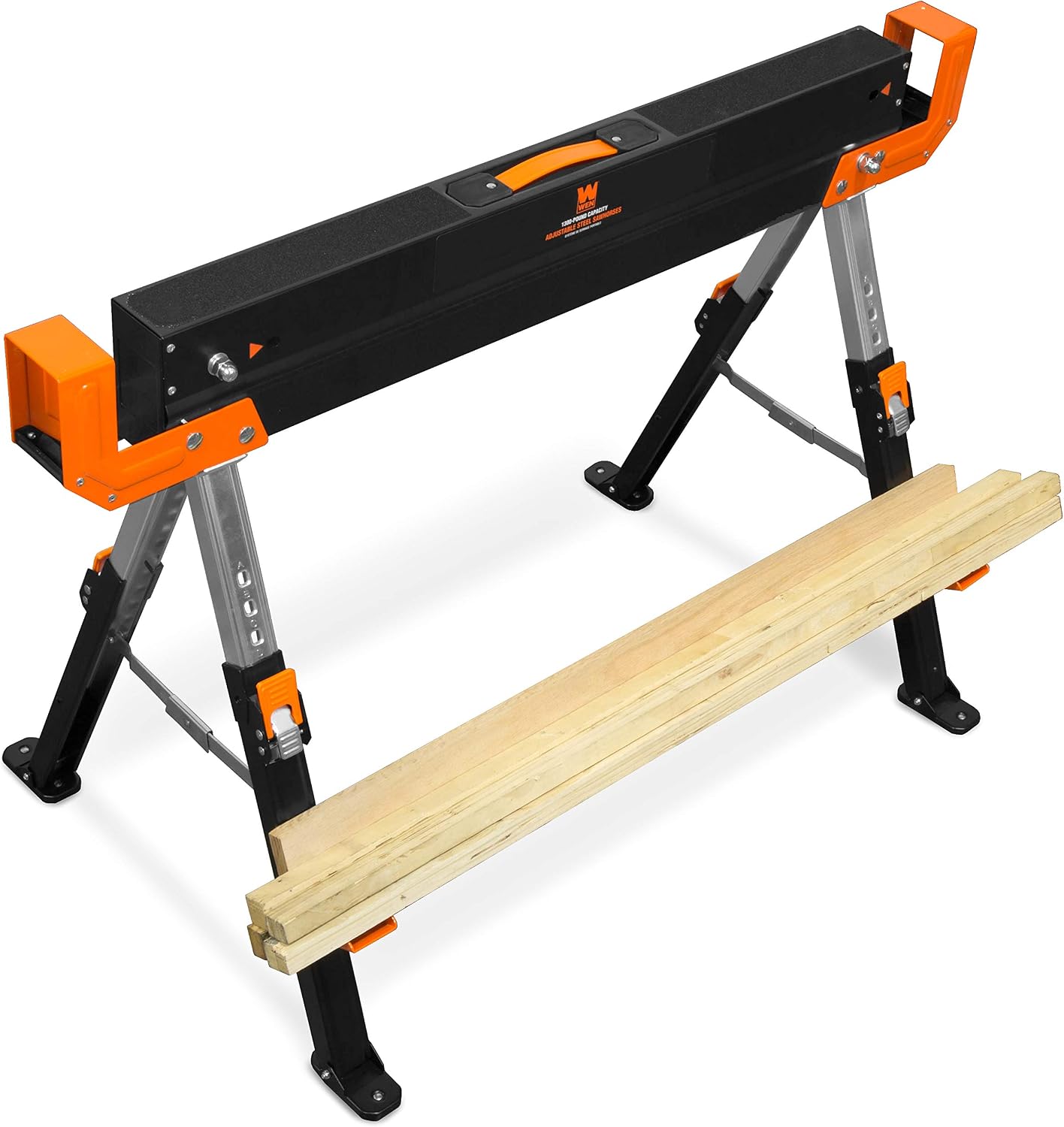 WEN WA1300-2 1300-Pound Capacity Height Adjustable Folding Steel Saw Horse with 2x4 Support Arms, Two Pack