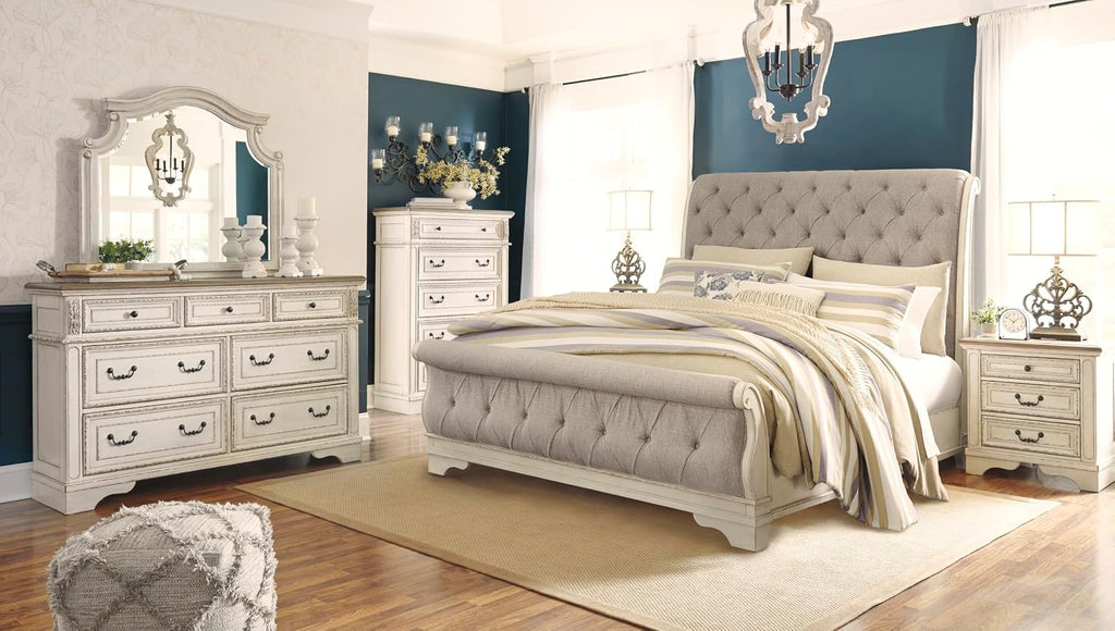 Signature Design by Ashley Realyn | French Country 7-Drawer Two-Tone Dresser – Fully Assembled, Decorative Corbels, Chipped White with Distressed Wood Top
