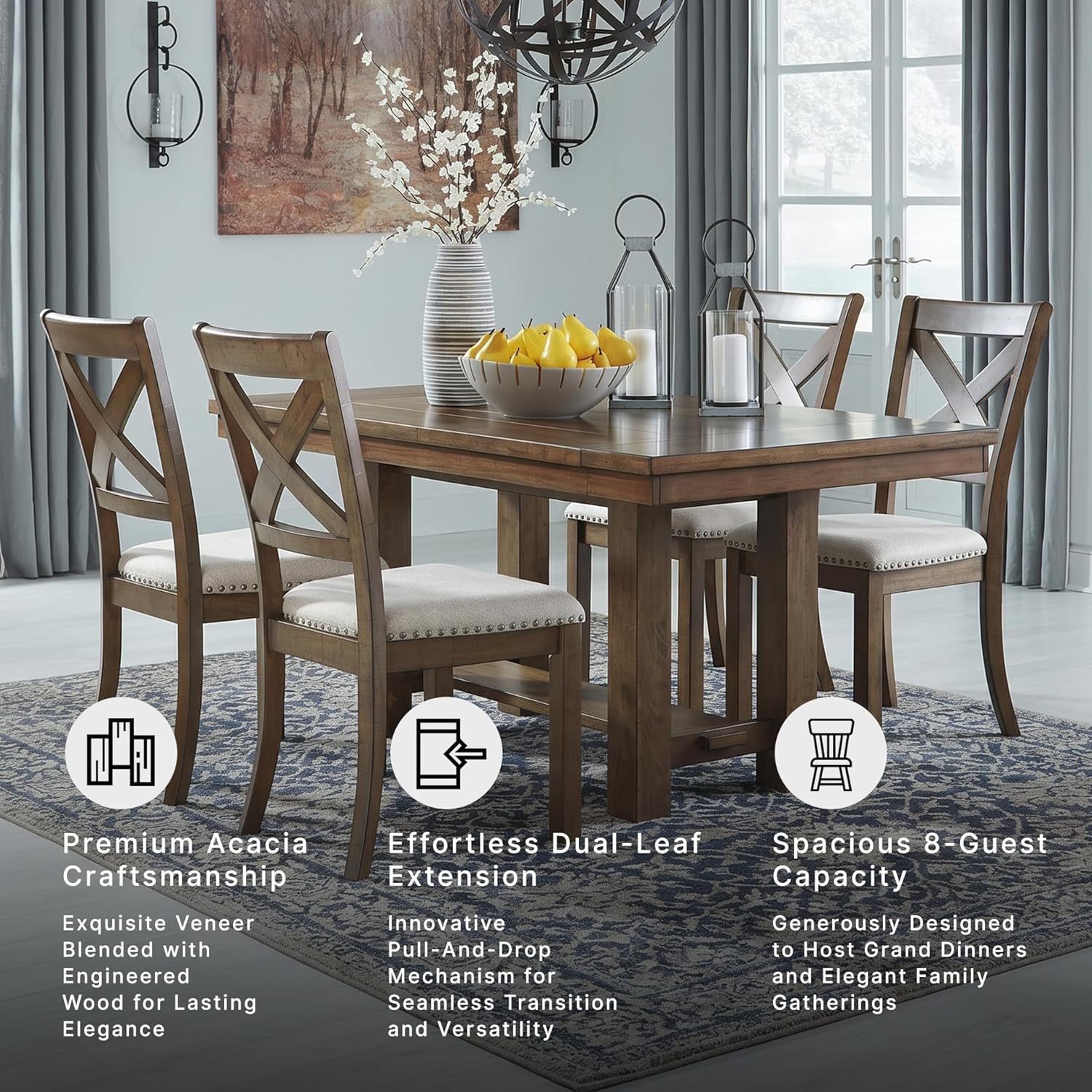 Signature Design by Ashley Moriville Rectangular Dining Extension Table, 2 Extension Leaves, Seats 8, 36" W x 86" D x 30.13" H, Wood & Acacia Veneer, Brown